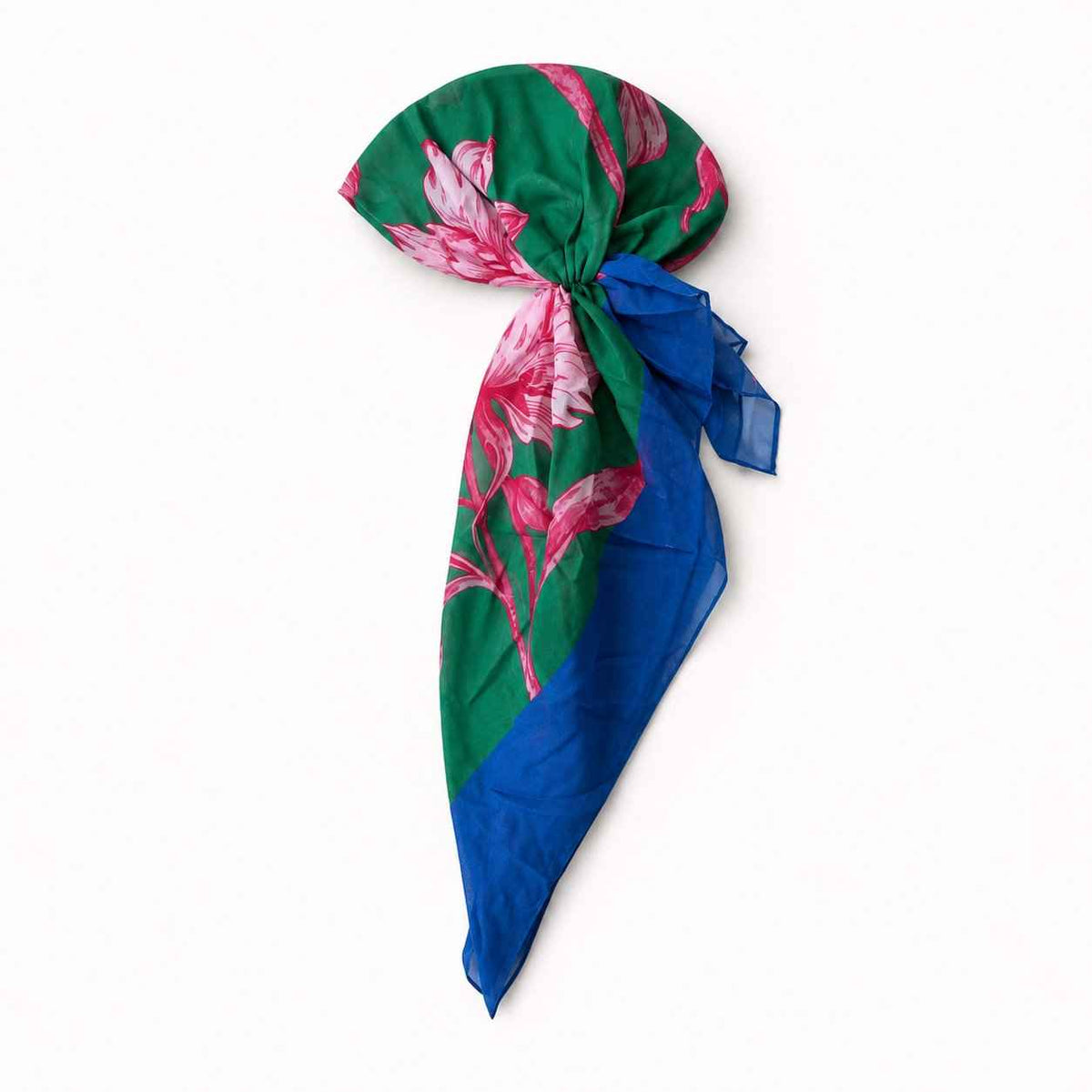 TUK Peony For Your Thoughts Head Scarf pre-tied with pink peony florals on emerald green and flowing royal blue fabric tails.