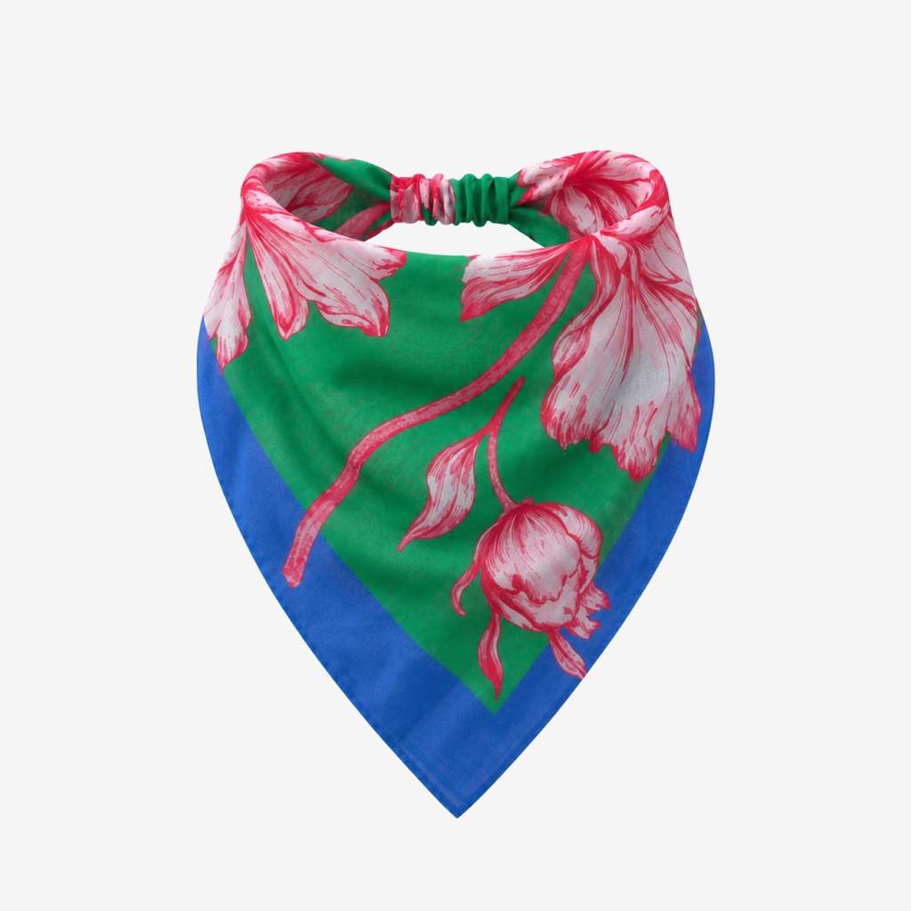 TUK Peony For Your Thoughts Headband Bandana with pink peony florals on vivid green, framed by a bold cobalt blue border.