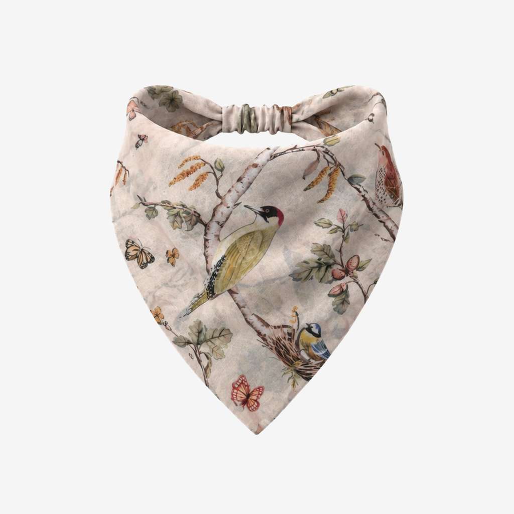 TUK Perch Perfect Headband Bandana with woodland birds, butterflies and botanical branches on a soft neutral background.