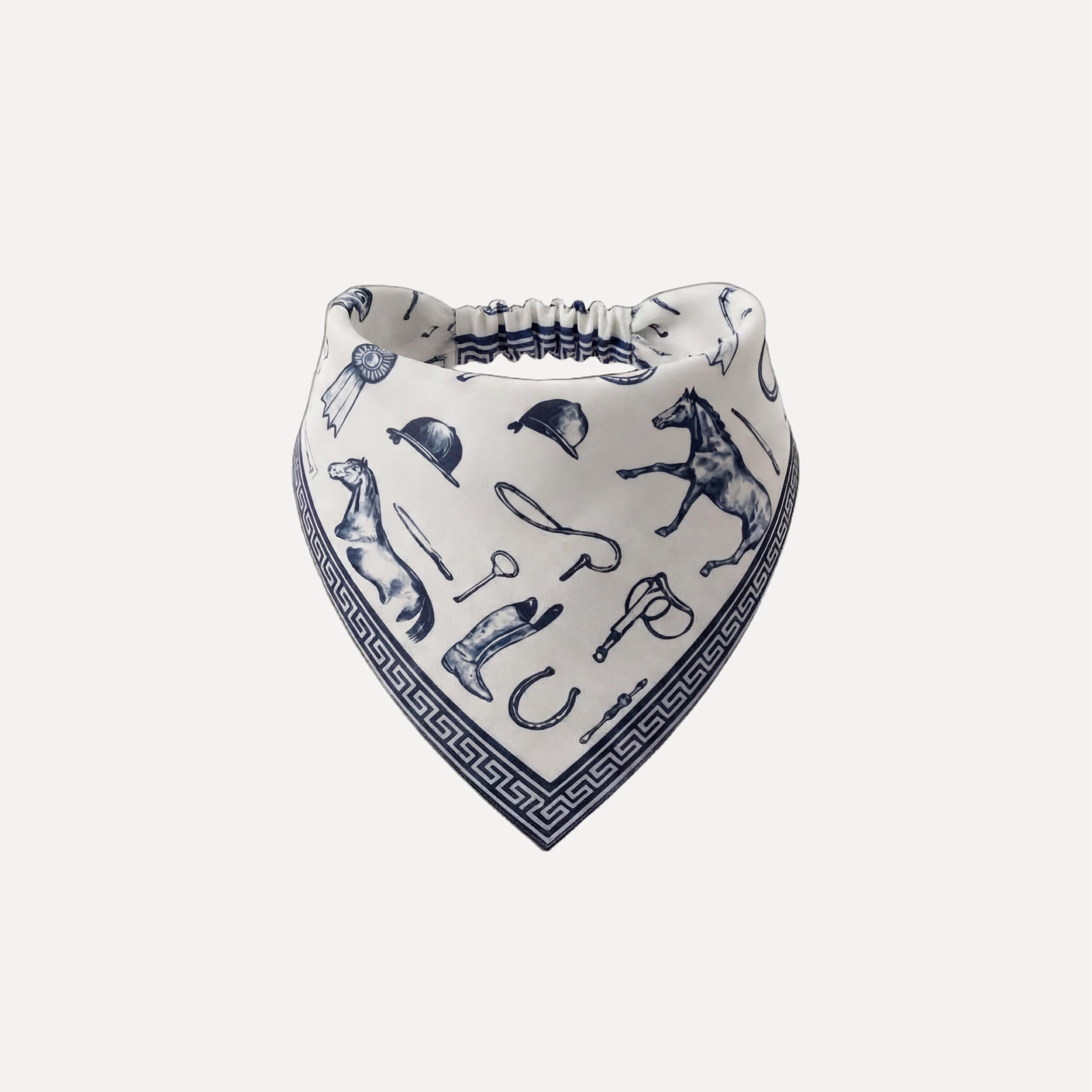 TUK Polo Hour headband bandana with blue equestrian print featuring horses, bridles, and riding gear on white fabric.