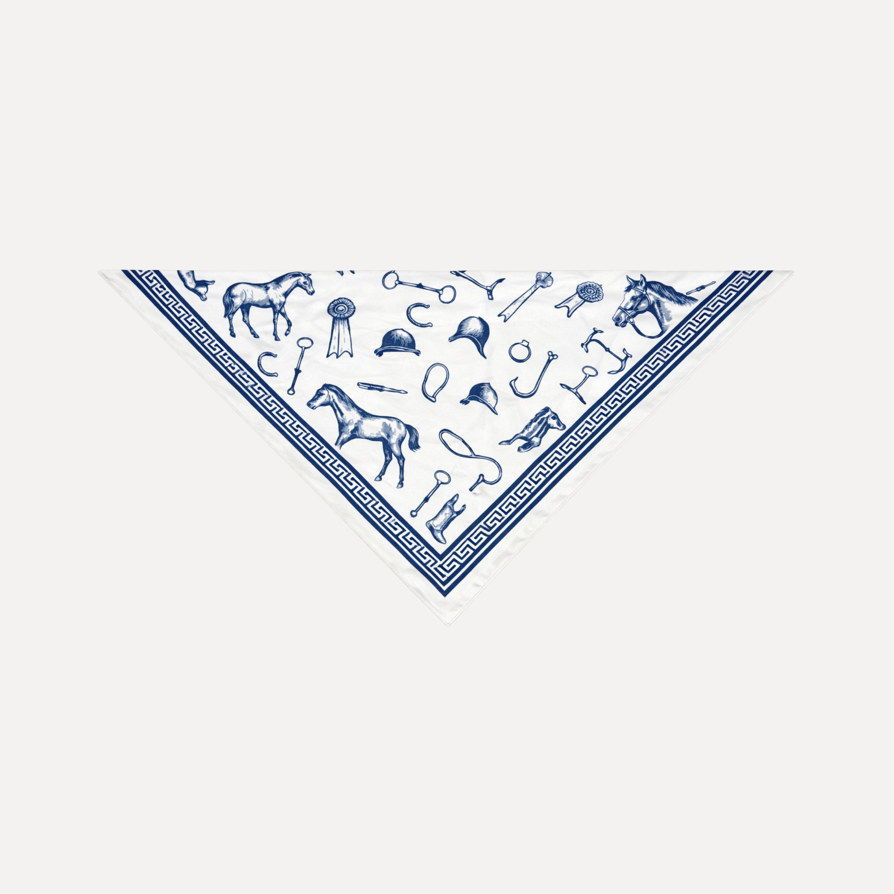 Blue and white luxury silk scarf featuring polo and equestrian motifs including horses, bridles, and riding elements.