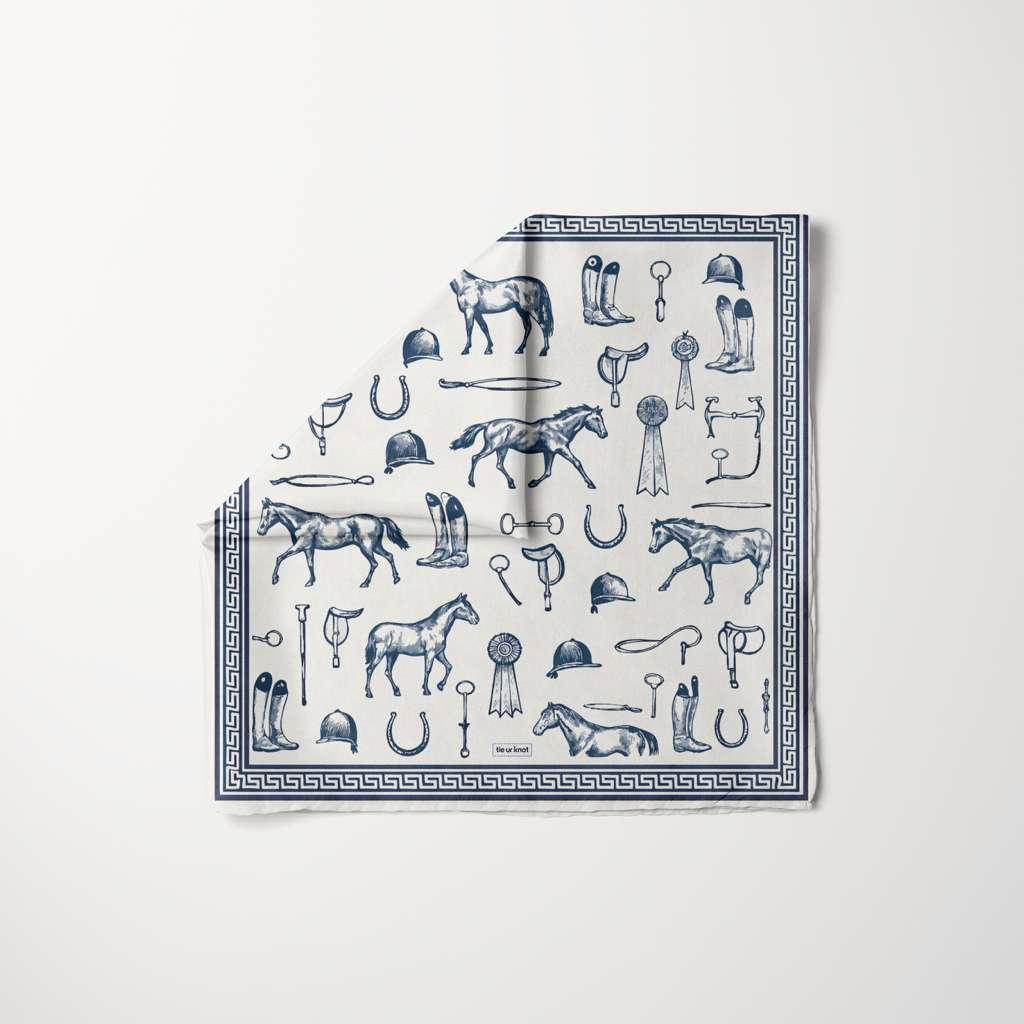 Polo Hour Head Scarf by TUK featuring blue equestrian print with horses, riding boots, helmets and classic border design.
