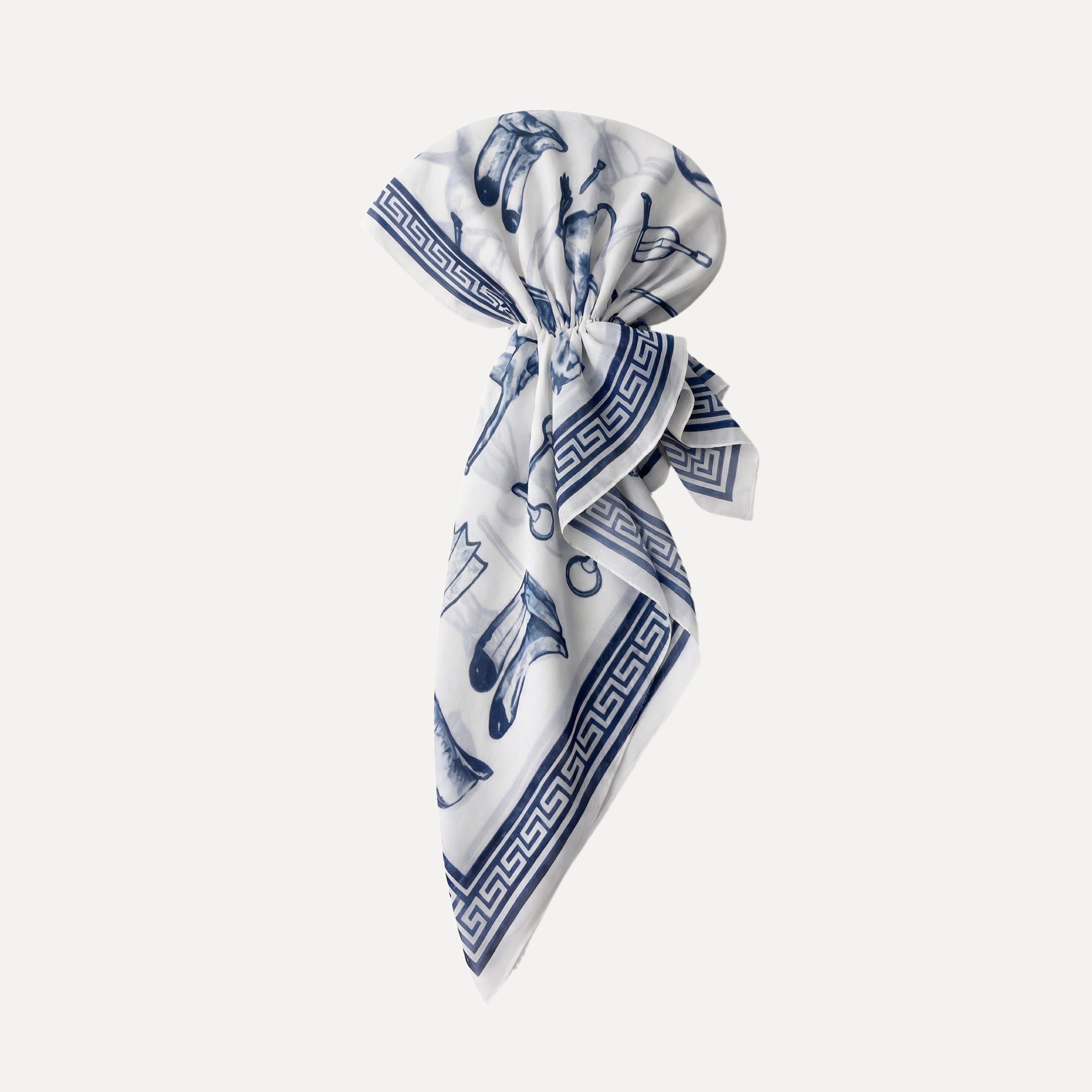 TUK Polo Hour Head Scarf in blue and white with elegant equestrian horse print, styled as a chic pre-tied headscarf accessory.