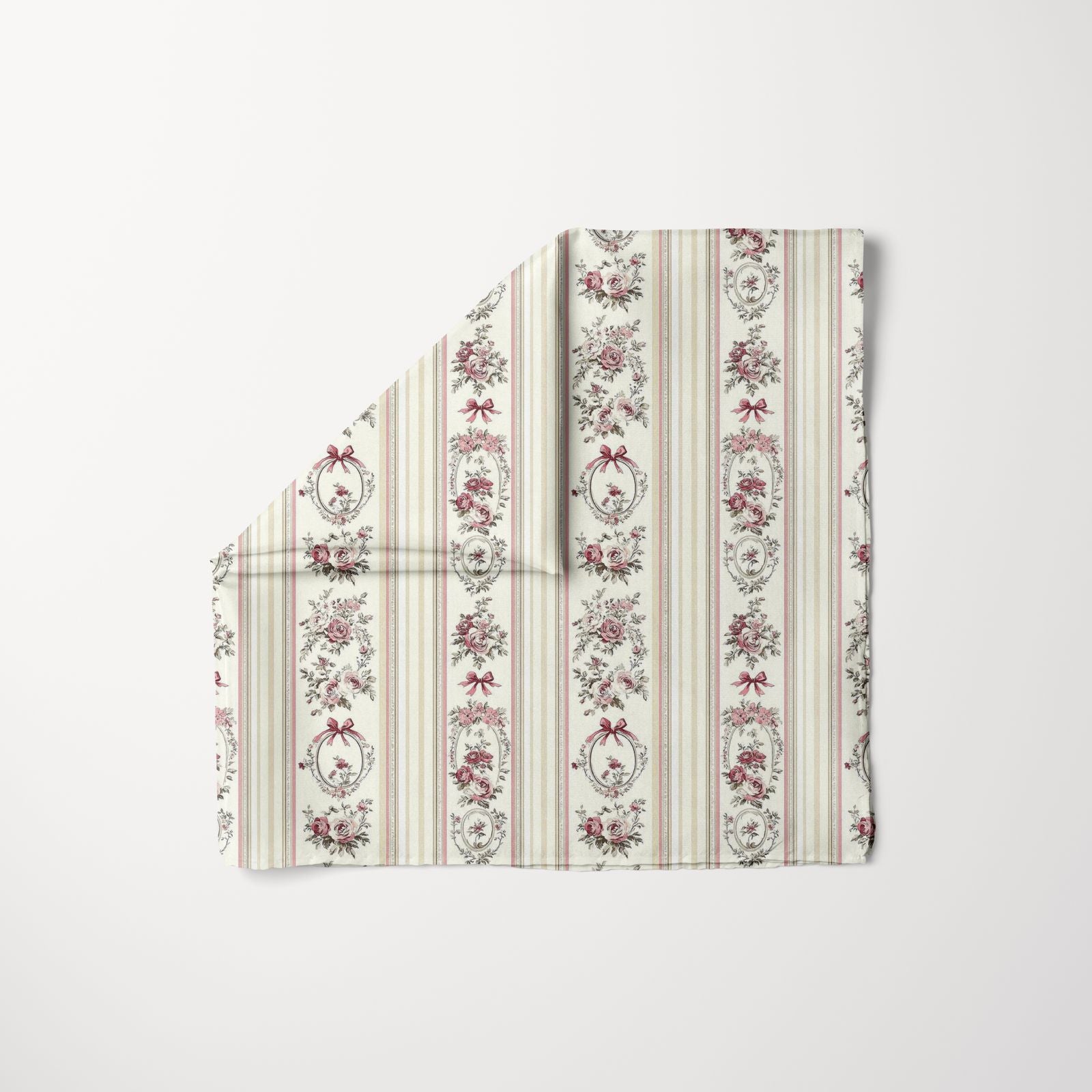 TUK Powder Copy Head Scarf with vintage floral stripes, ribbon motifs, and soft tones for a timeless, elegant accessory look.