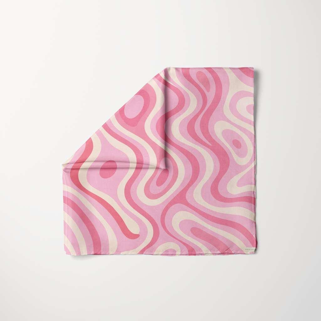 Pretty In Motion head scarf by TUK with pink retro swirl pattern, soft fabric, stylish feminine accessory for everyday wear.