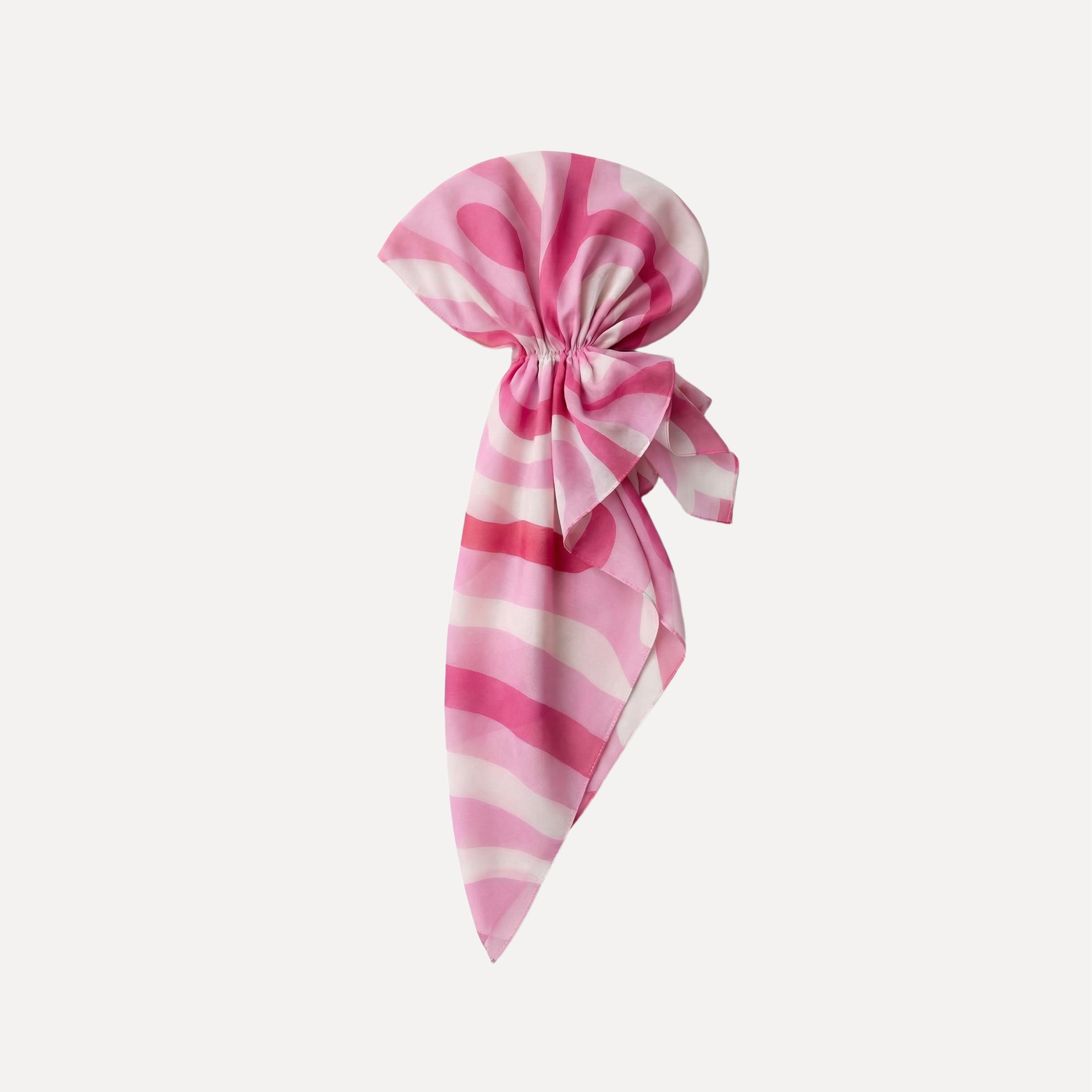Pretty In Motion pre-tied head scarf by TUK with pink swirl pattern, soft stylish hair accessory, retro-inspired feminine fashion piece.