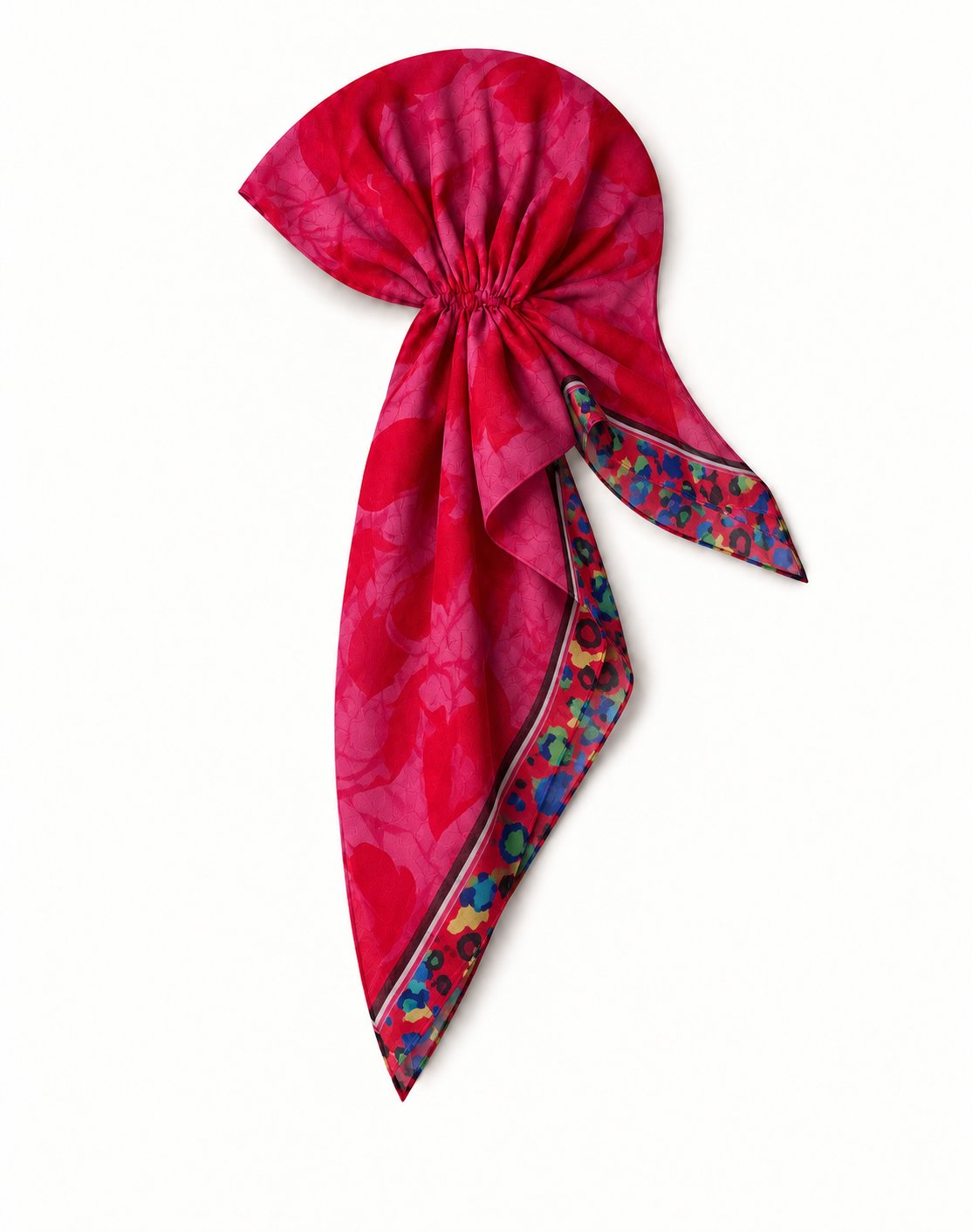 TUK Prima Ballerina Head Scarf styled with an open back, featuring a pink and red floral print and vibrant multicolor trim.