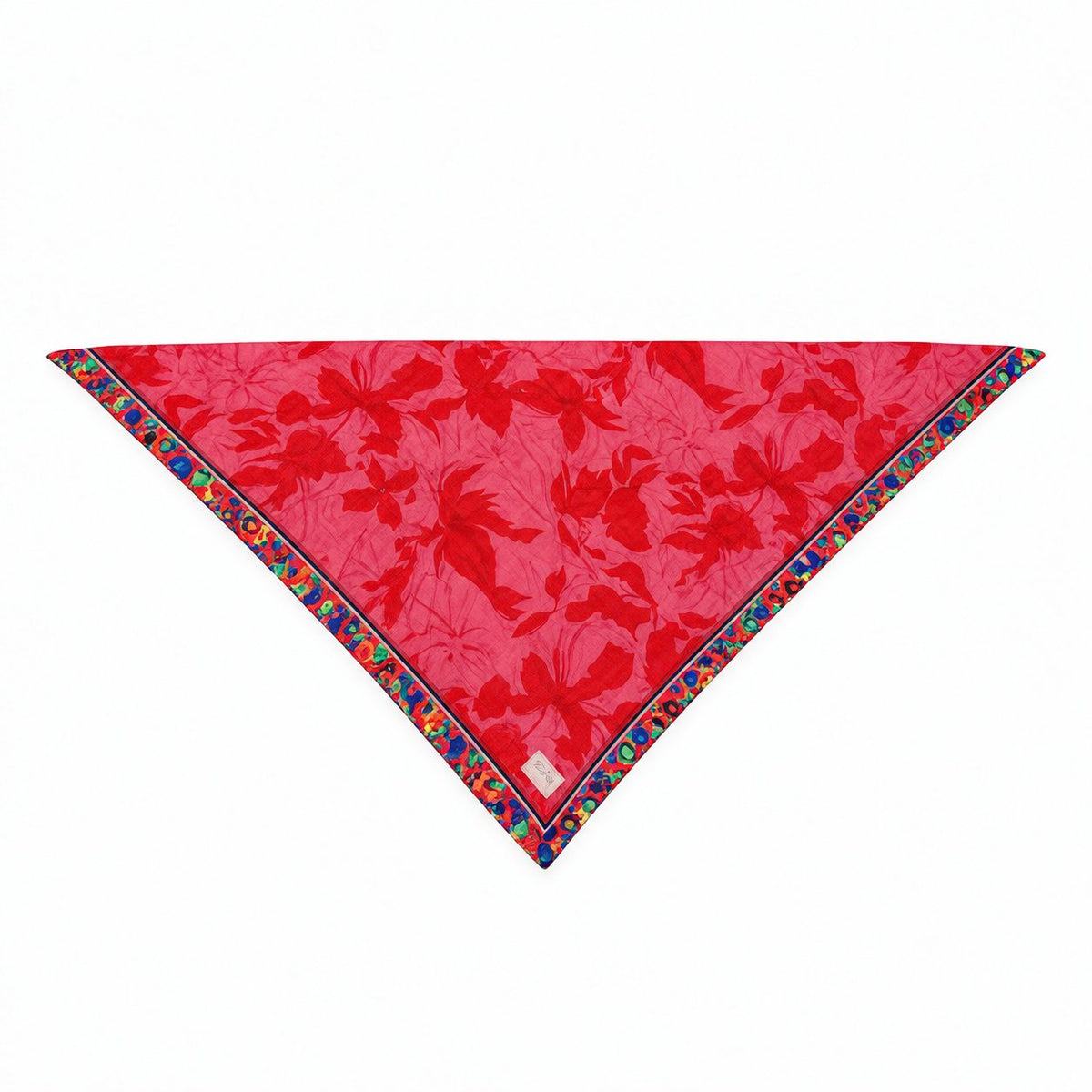 TUK Prima Ballerina Head Scarf folded into a triangle, featuring a vibrant pink and red floral print with multicolor trim.