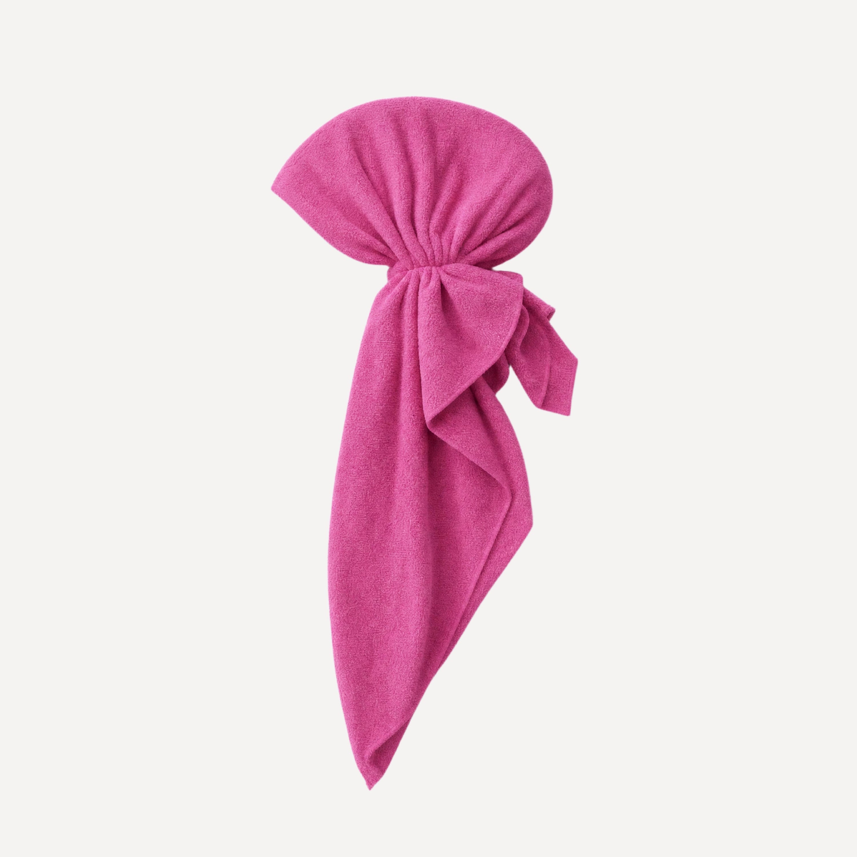 Raspberry Rose Terry Head Scarf in soft pink terrycloth with elegant bow styling for spa, skincare, and everyday wear.