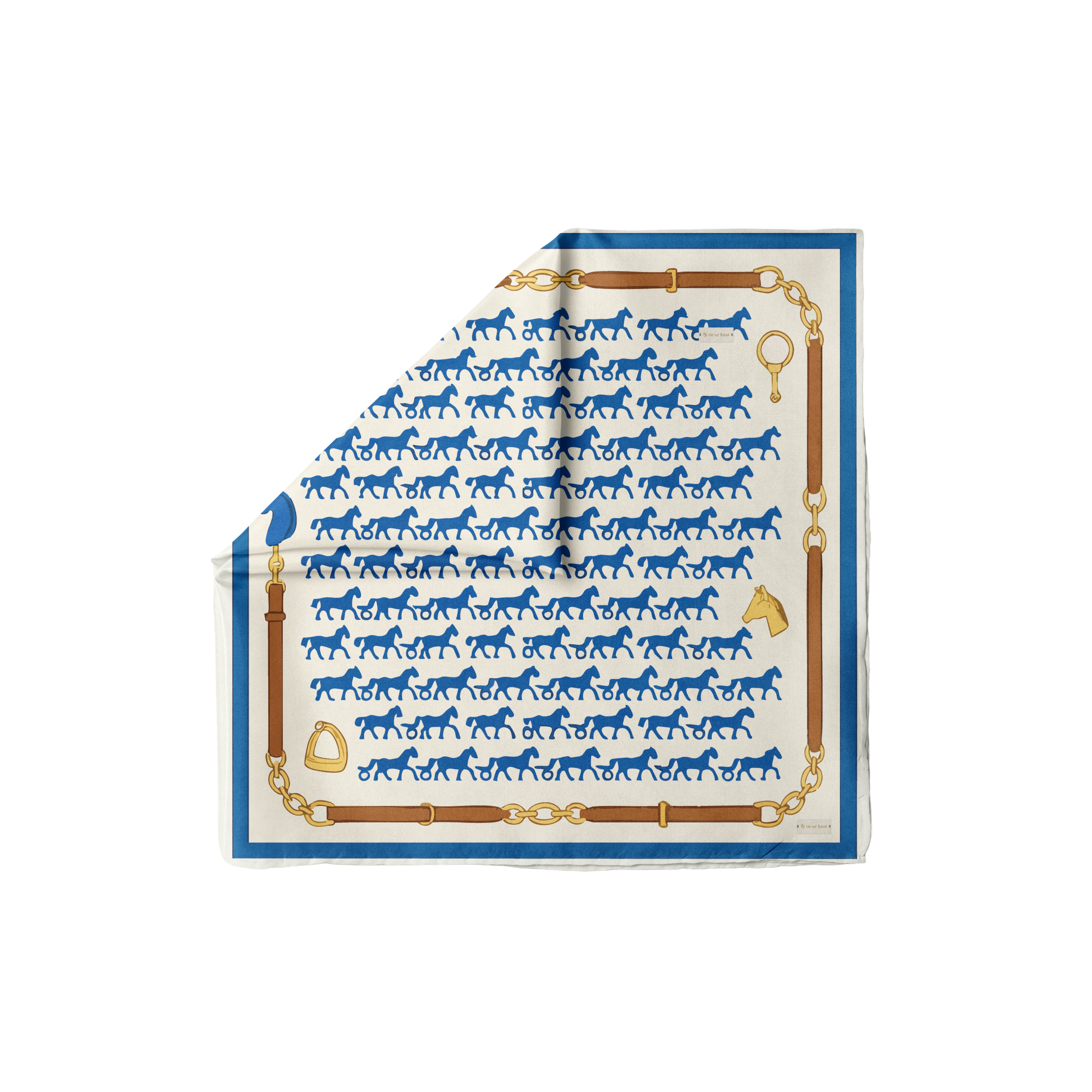 Tie Ur Knot Rein It In headscarf featuring blue horse motifs and equestrian chain border on cream silk square scarf design new.