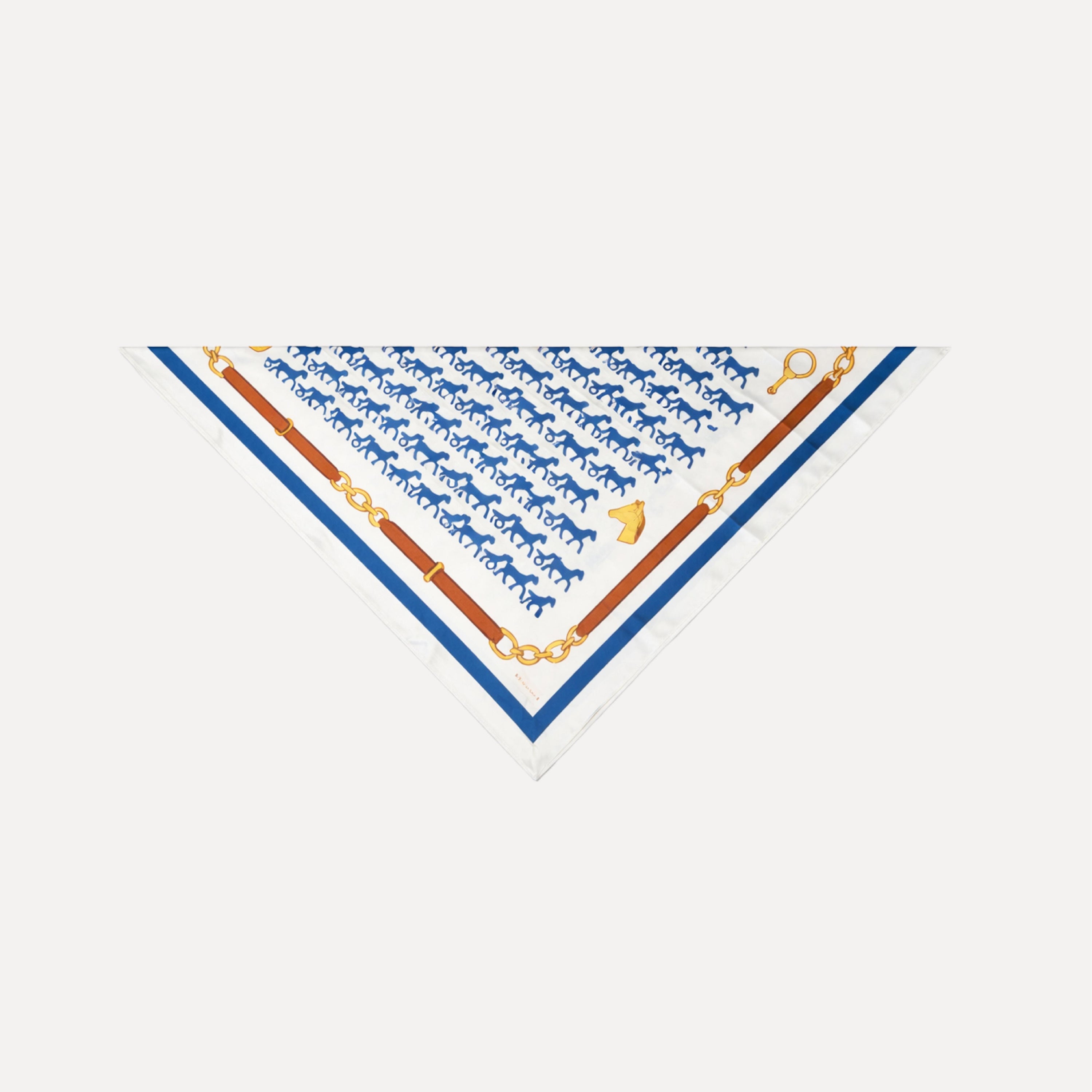 Rein It In silk scarf by TUK featuring blue horse motif and gold chain print on white, elegant equestrian luxury headscarf.