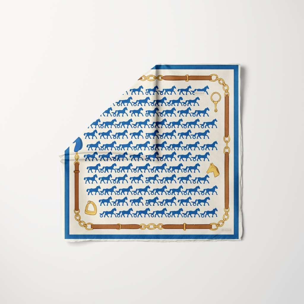 Tie Ur Knot Rein It In headscarf featuring blue horse motifs and equestrian chain border on cream silk square scarf design new.