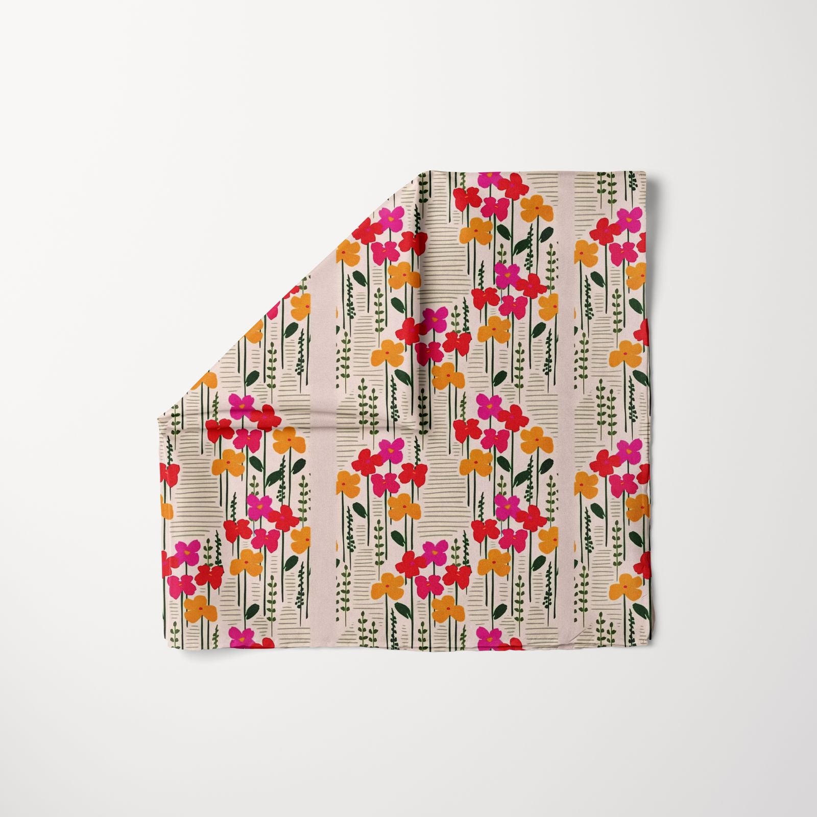 TUK Repeat Offender Head Scarf featuring bold floral print with orange and pink flowers on a beige background.