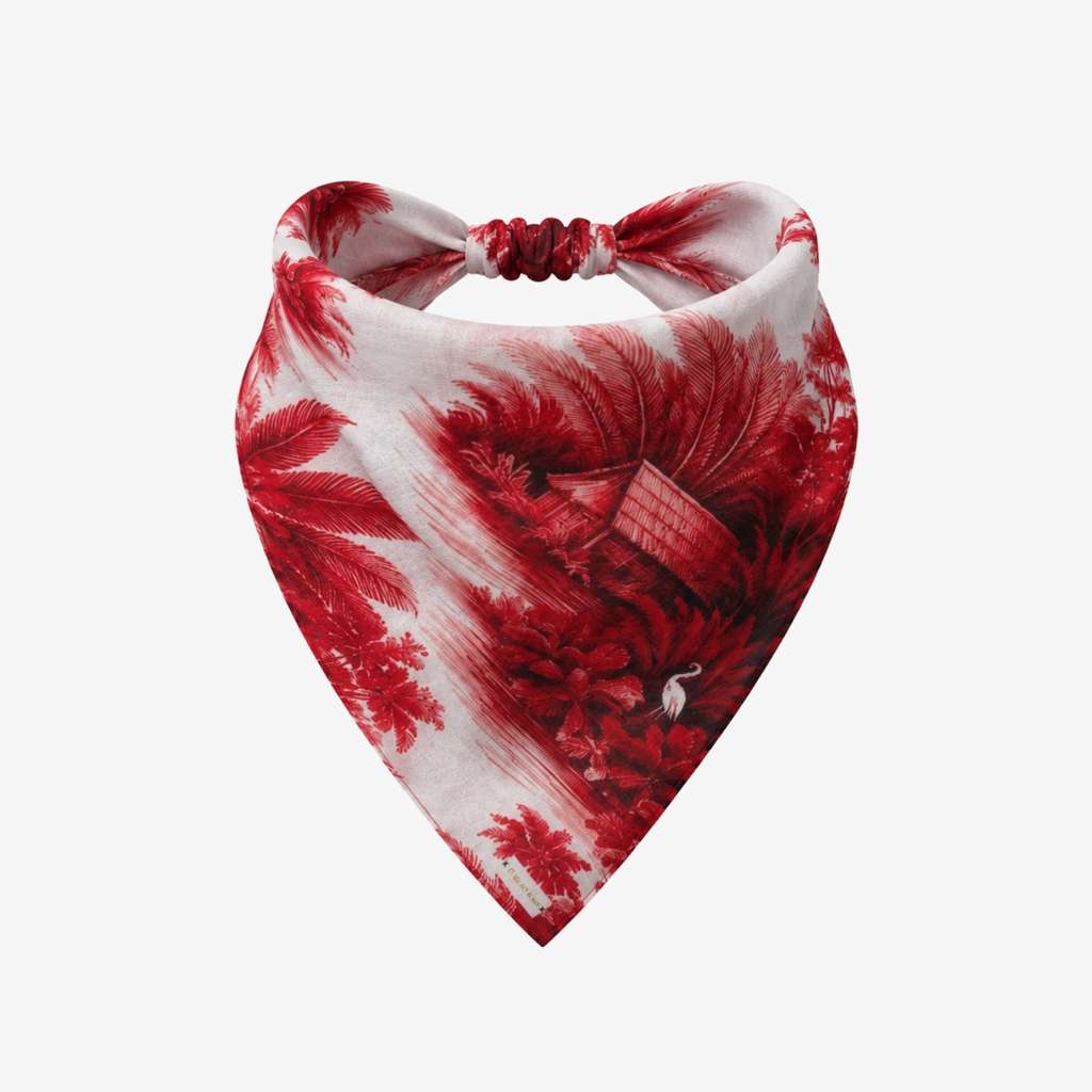 TUK Resort To This Headband Bandana with red tropical palm, waterside hut and heron print on ivory with a ruched elastic back.