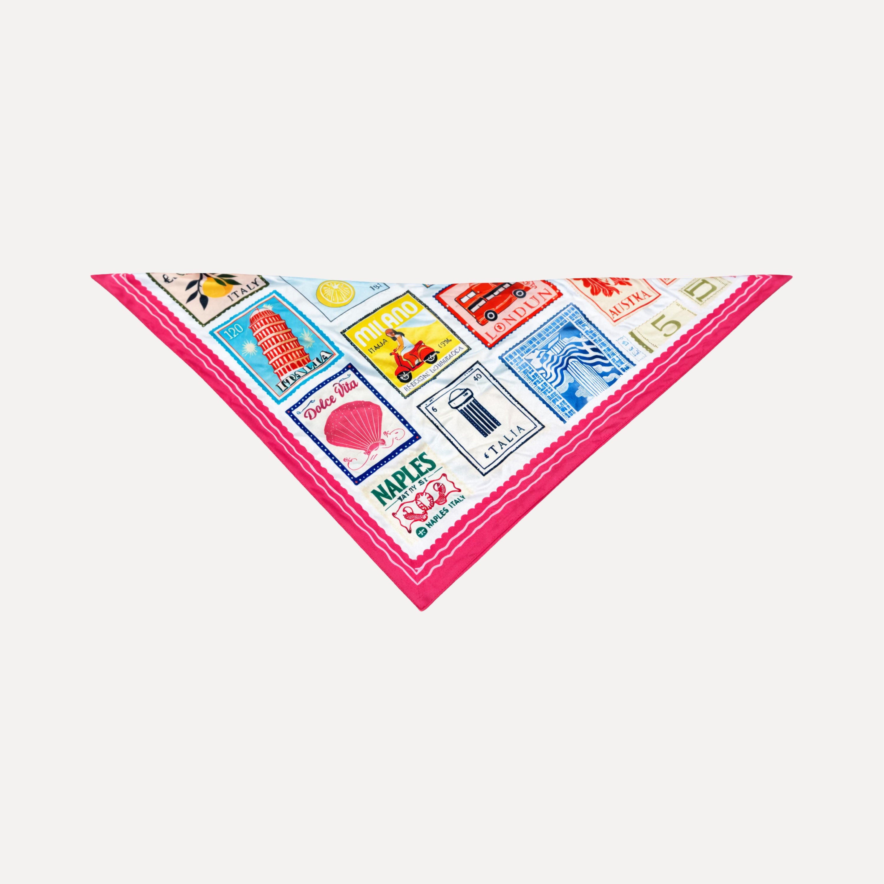 Return To Sender silk scarf with colorful vintage travel stamps, Italy landmarks, and bold pink border luxury headscarf design.