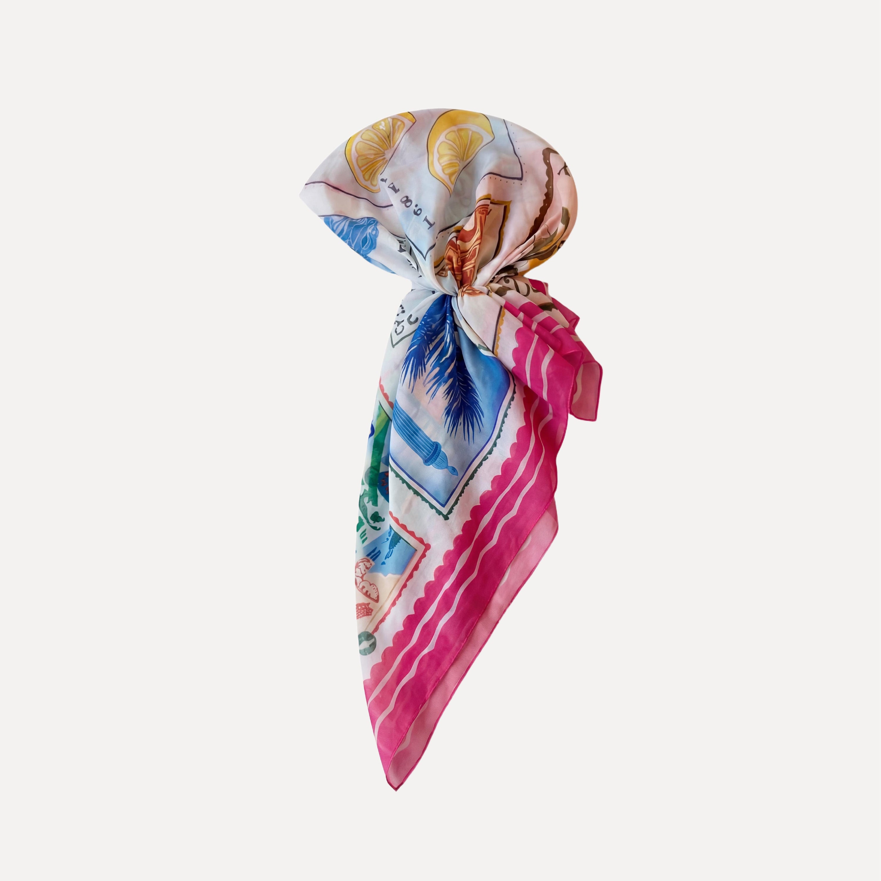 Pre-tied travel print headscarf with pink border, featuring vintage postage stamp design, TUK Return To Sender chic silk hair accessory.