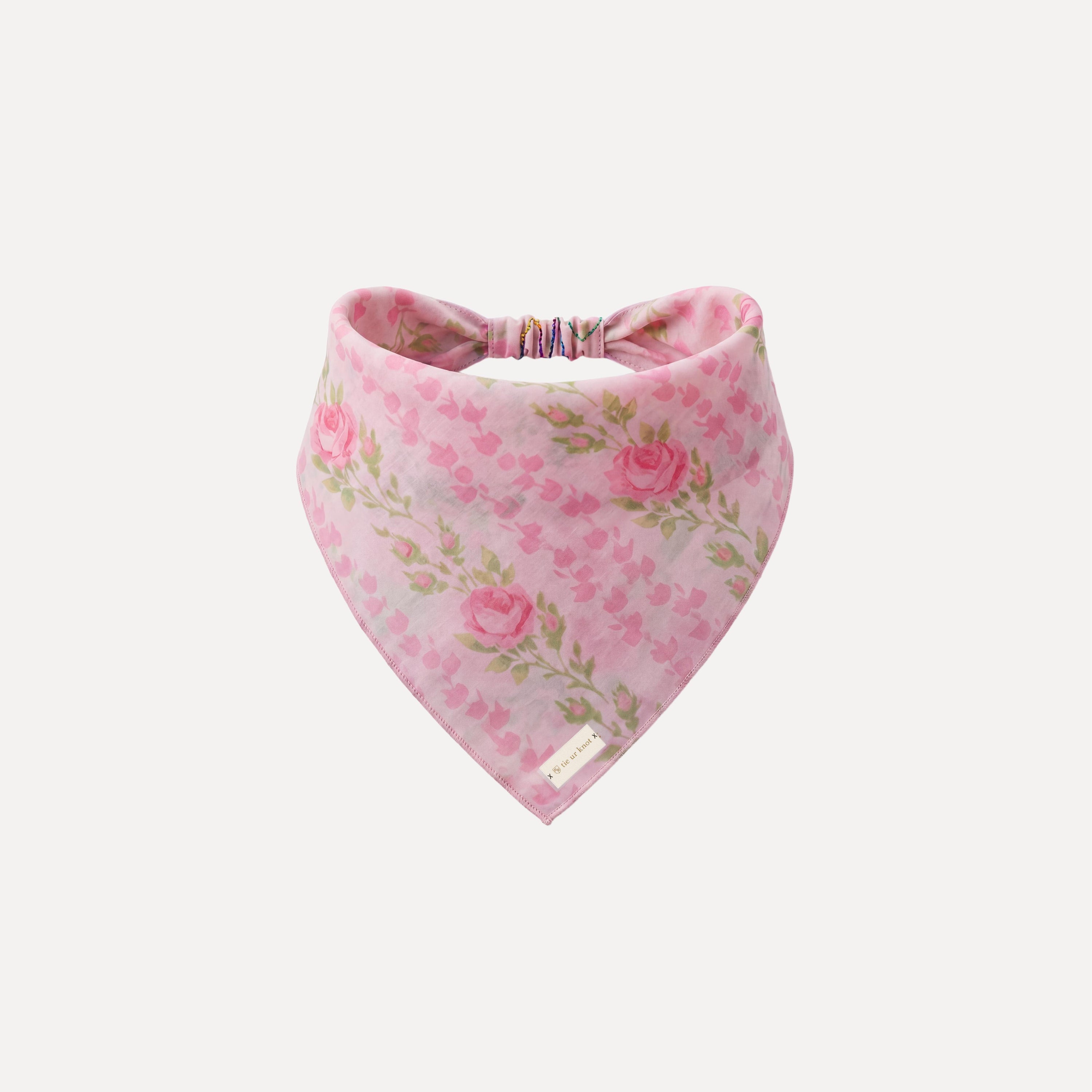 Pink floral headband bandana with rose print and soft cotton fabric, adjustable fit, elegant TUK Rose To The Occasion design.
