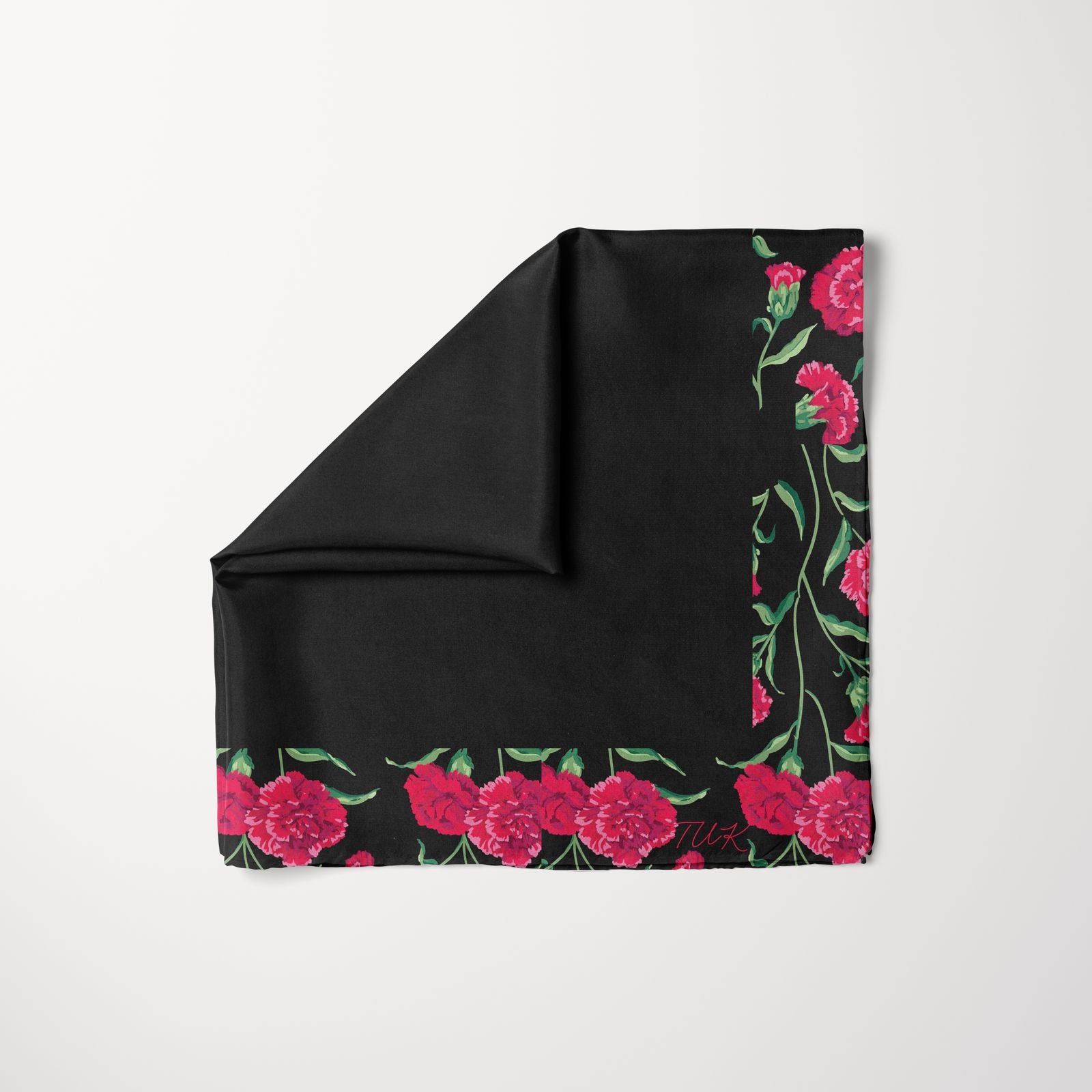 TUK Rose Rage Head Scarf with bold red roses on a black background, blending edgy elegance and versatile floral style.