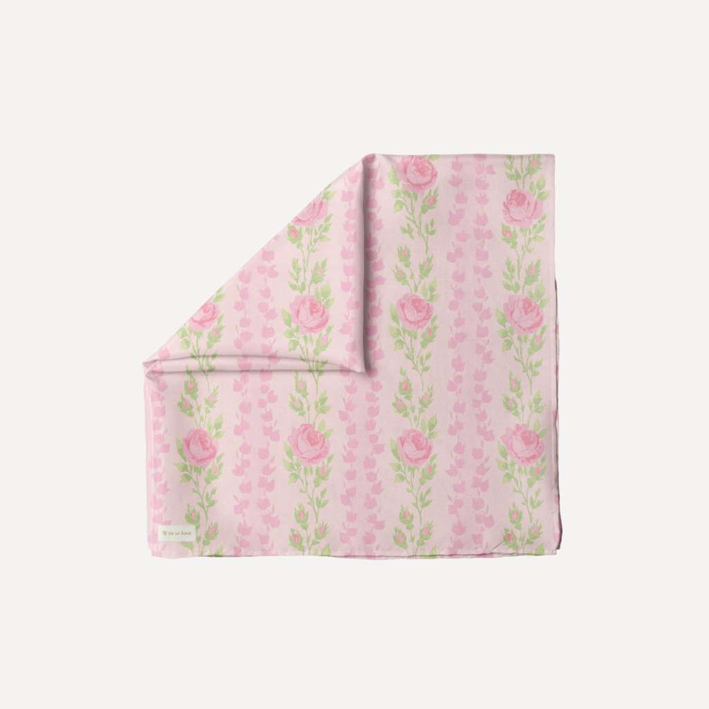 TUK Rose To The Occasion head scarf in soft pink with vintage rose floral print, feminine chic hair accessory for everyday wear.