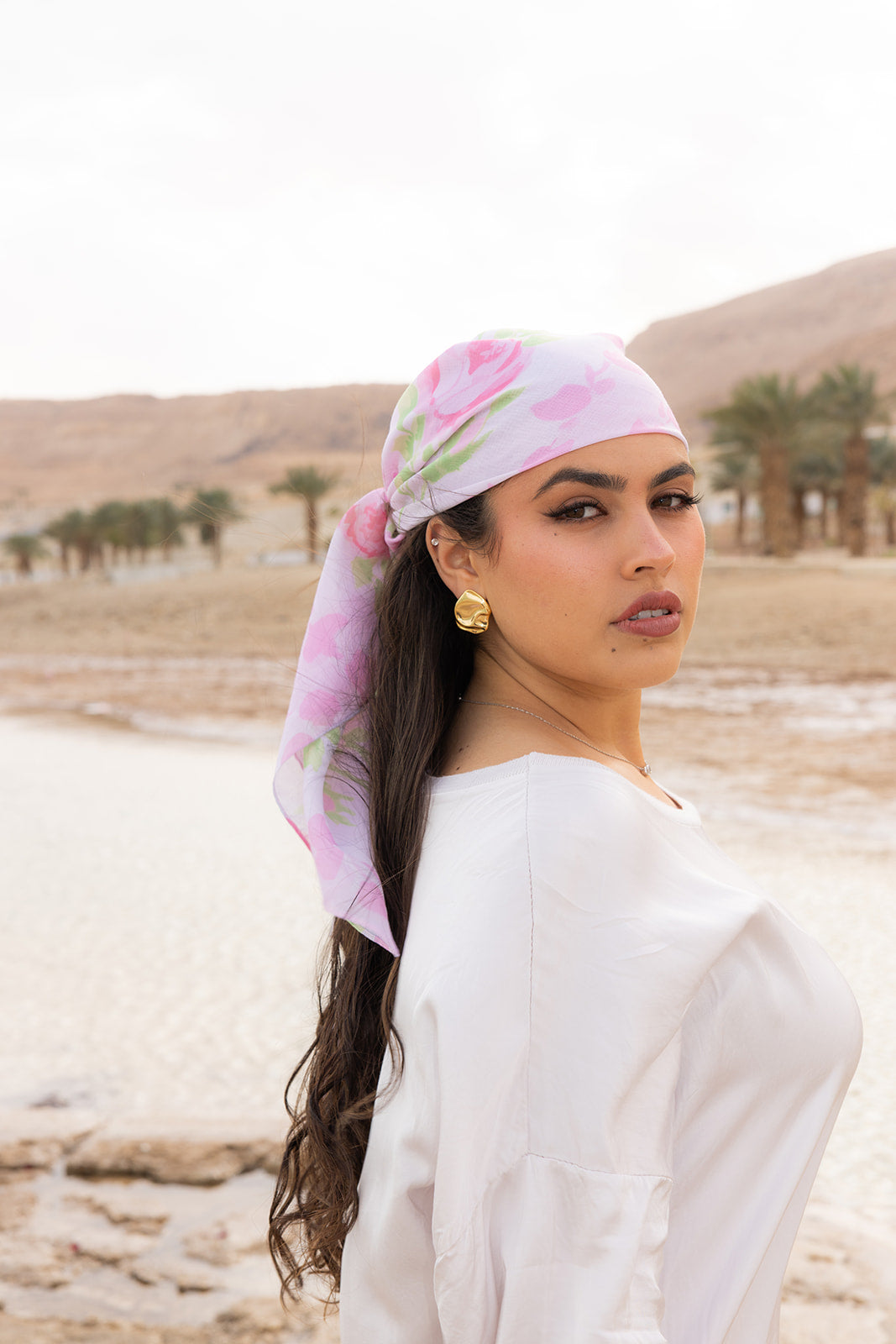 Rose To The Occasion Head Scarf by Tie Ur Knot in a romantic pink floral print, styled elegantly for modest luxury fashion.