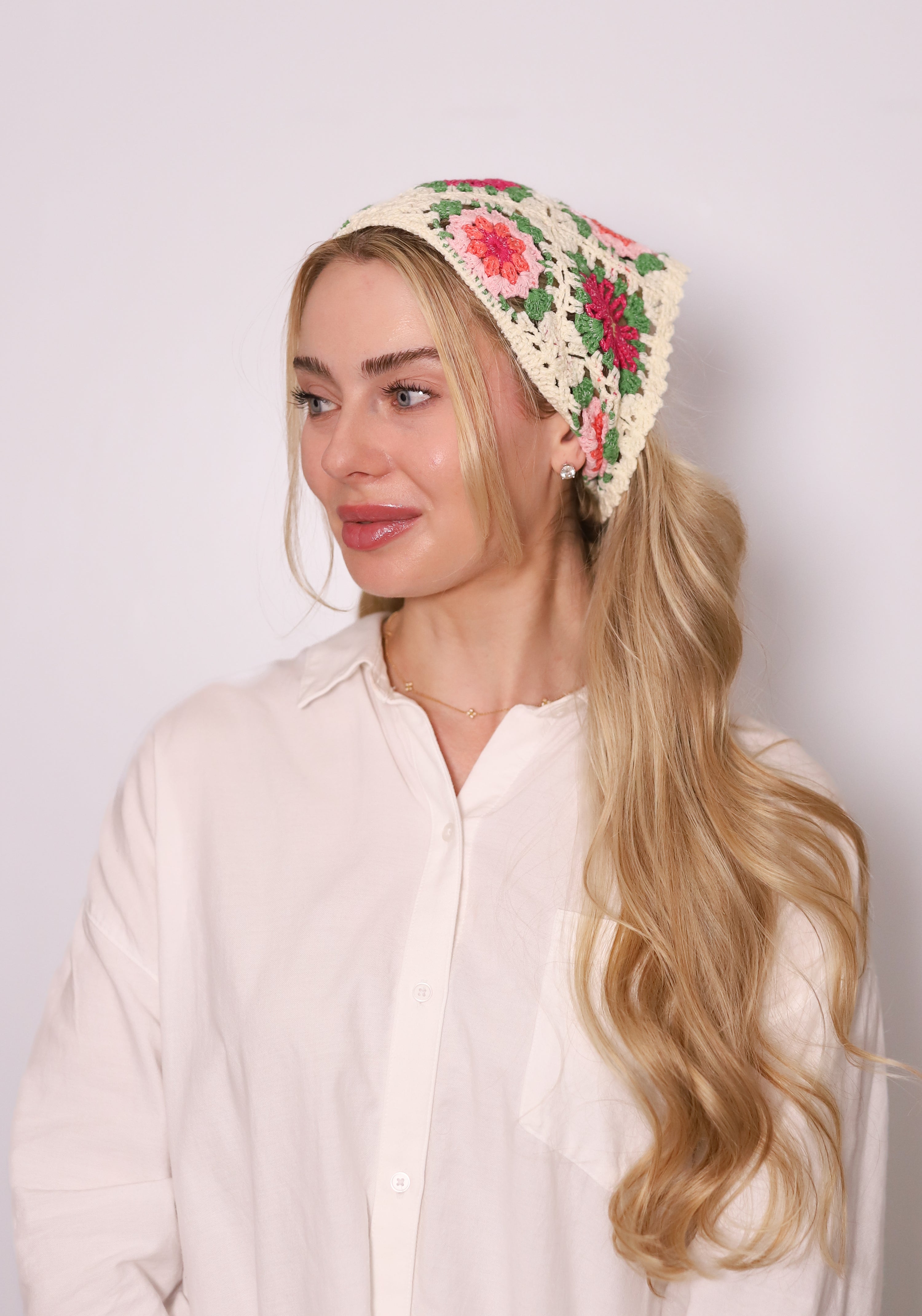 TUK Rosette Crochet Bandana – cream crochet headscarf with pink floral granny-square design, boho hair accessory style.