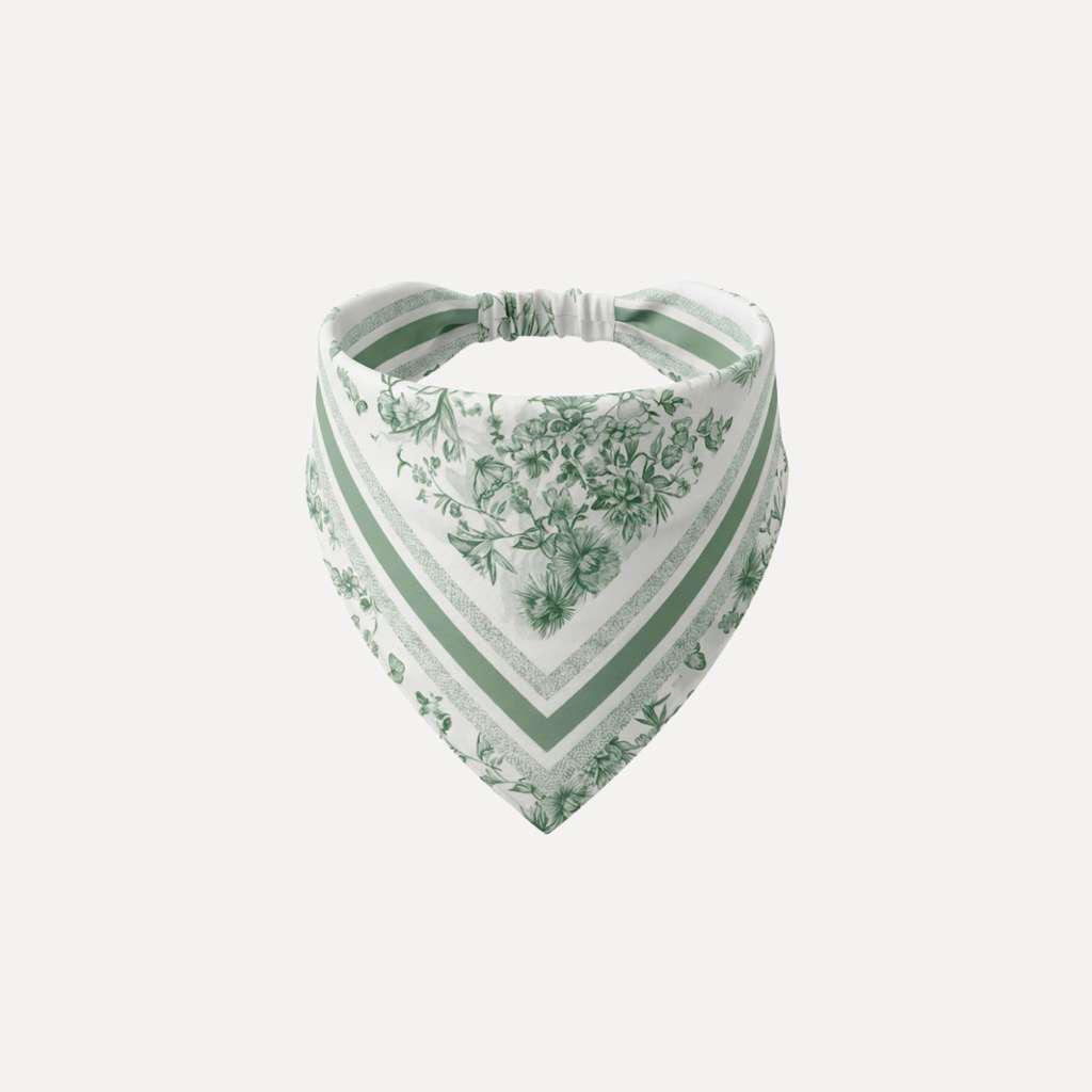 Green floral Sage Advice Headband Bandana by TUK with vintage botanical print and striped border on soft fabric.