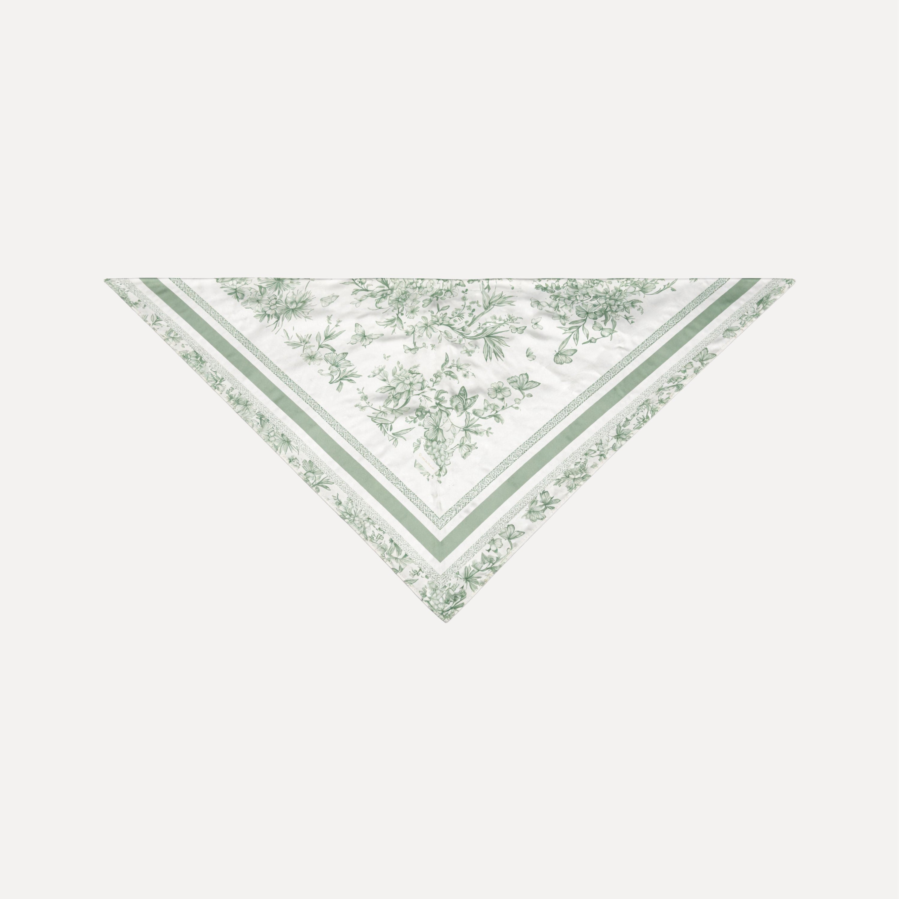 TUK Sage Advice Silk Scarf with sage floral toile pattern, striped border, triangular headscarf design on silk.