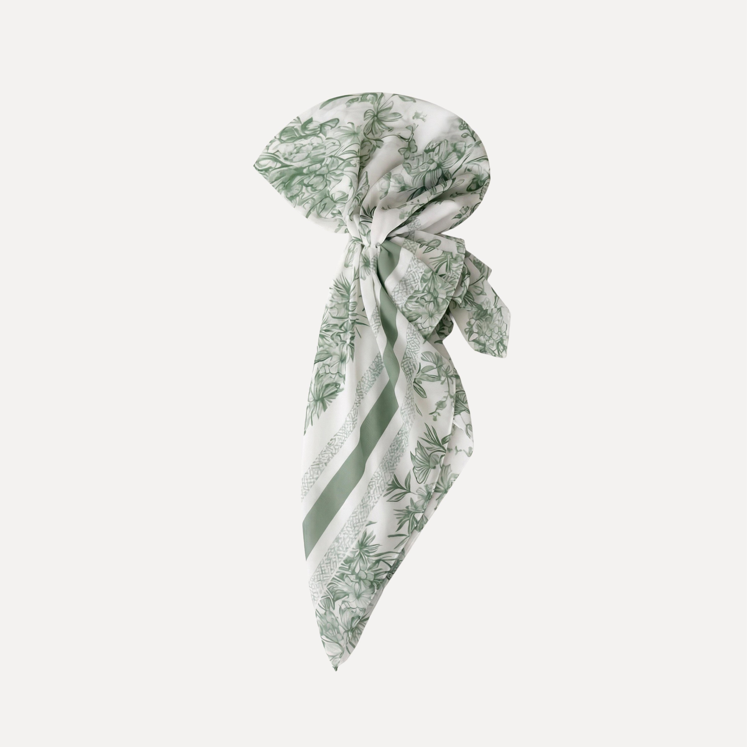 Sage Advice Pre Tie headscarf by TUK featuring green botanical floral print on white fabric, stylish pre-tied head wrap accessory for vintage look.