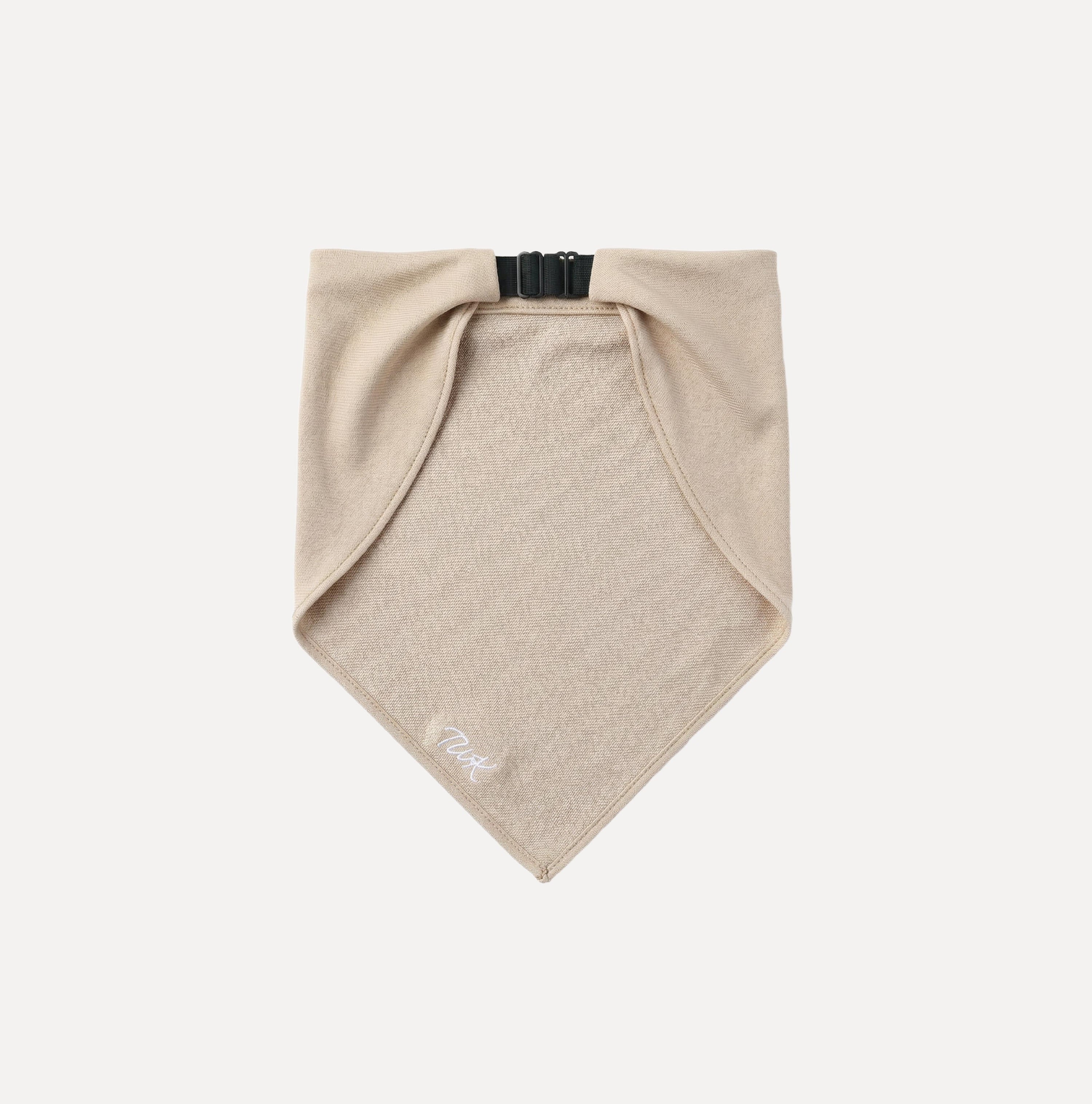 Back view of TUK Sand Denim Bandana in warm beige denim, featuring a minimalist design, buckle closure, and logo detail.