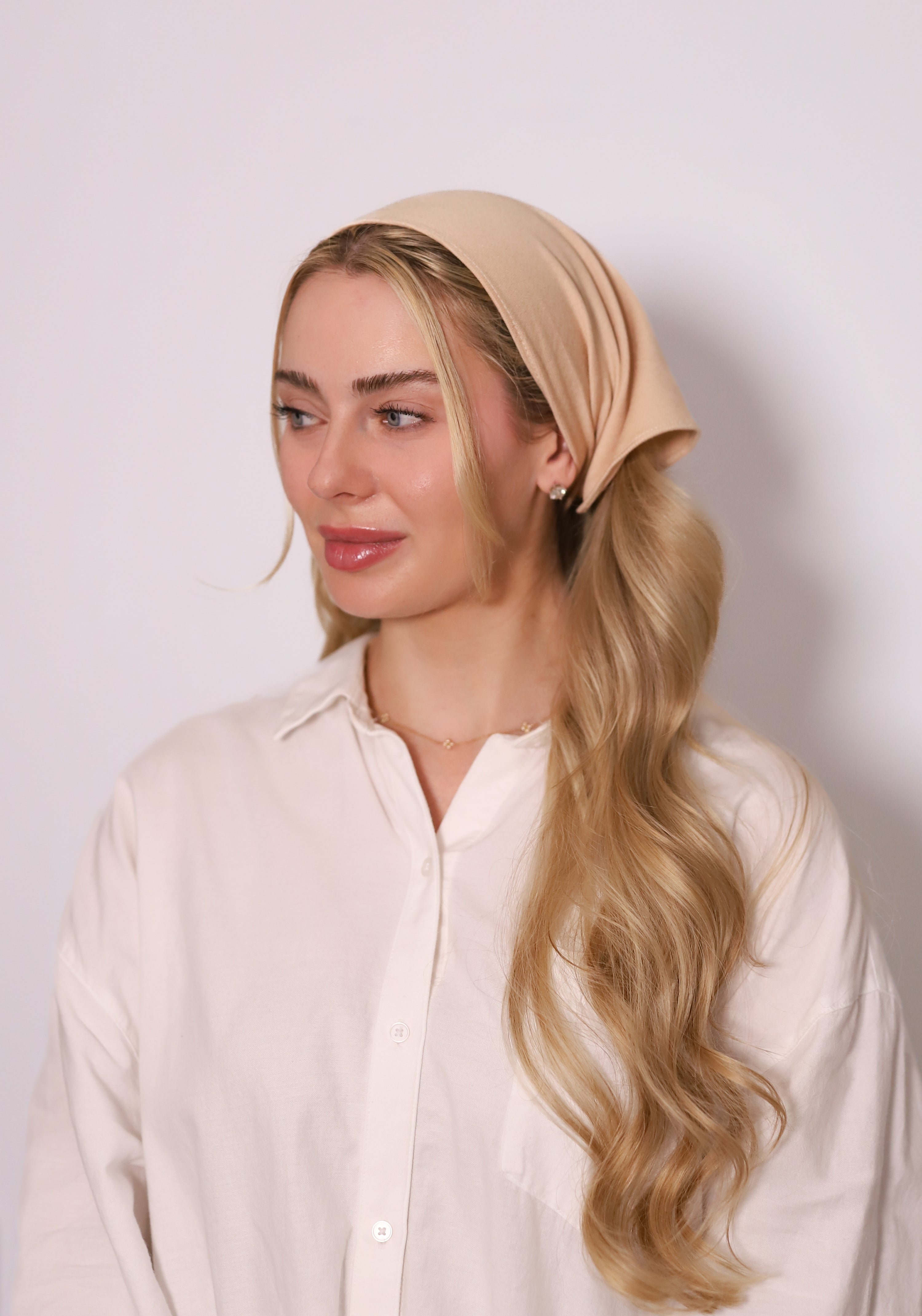 Sand Denim Bandana by TUK in soft beige denim, stylish triangle headscarf for women, versatile neutral hair accessory.