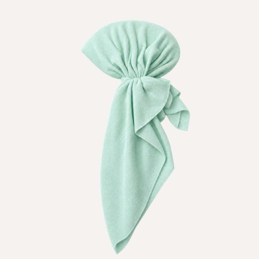 Seafoam Terry Head Scarf in soft mint green terry cloth, stylish absorbent hair wrap for spa, beach, and everyday wear.