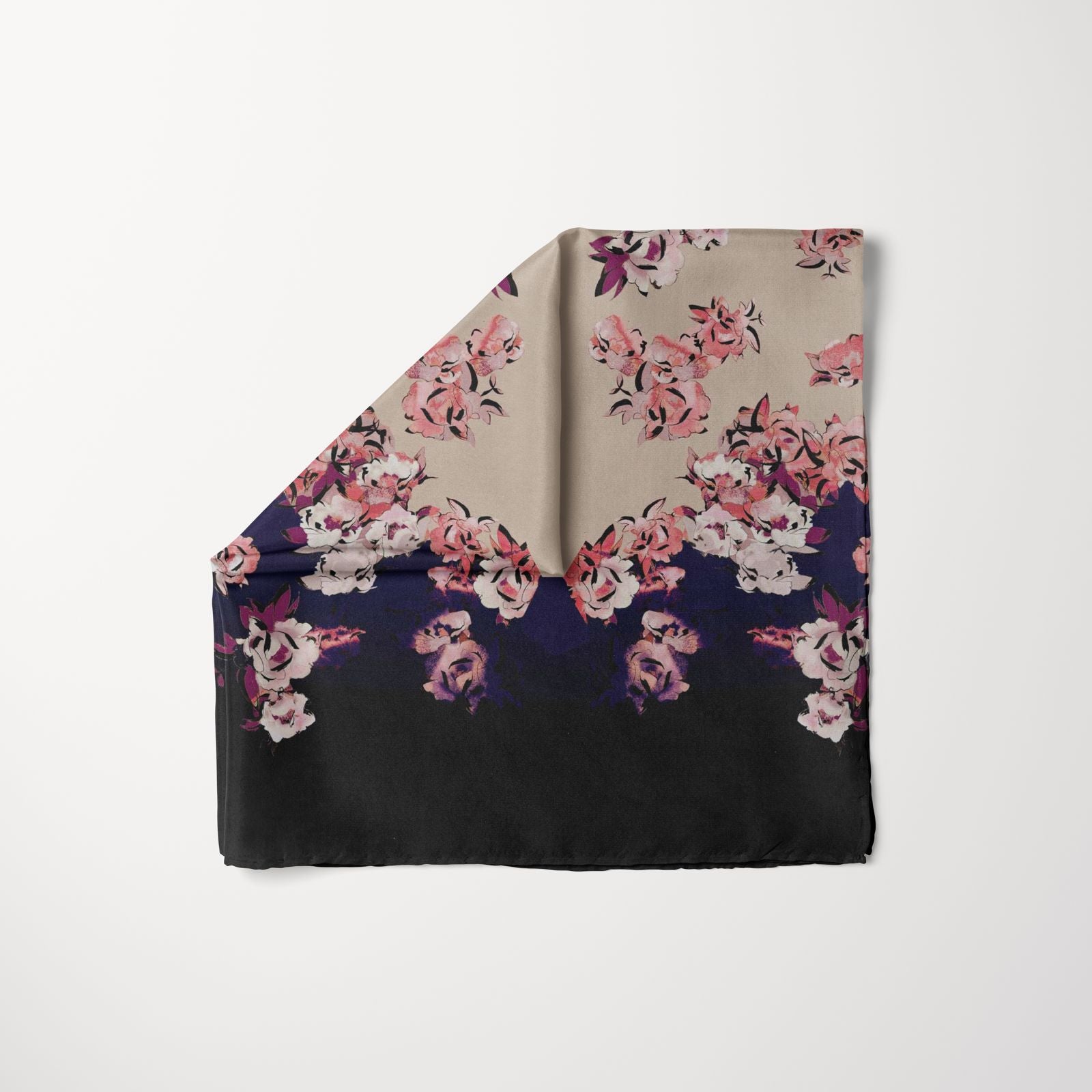 TUK Second Verse Head Scarf with taupe-to-black gradient and vibrant pink floral design, perfect for chic and versatile styling.