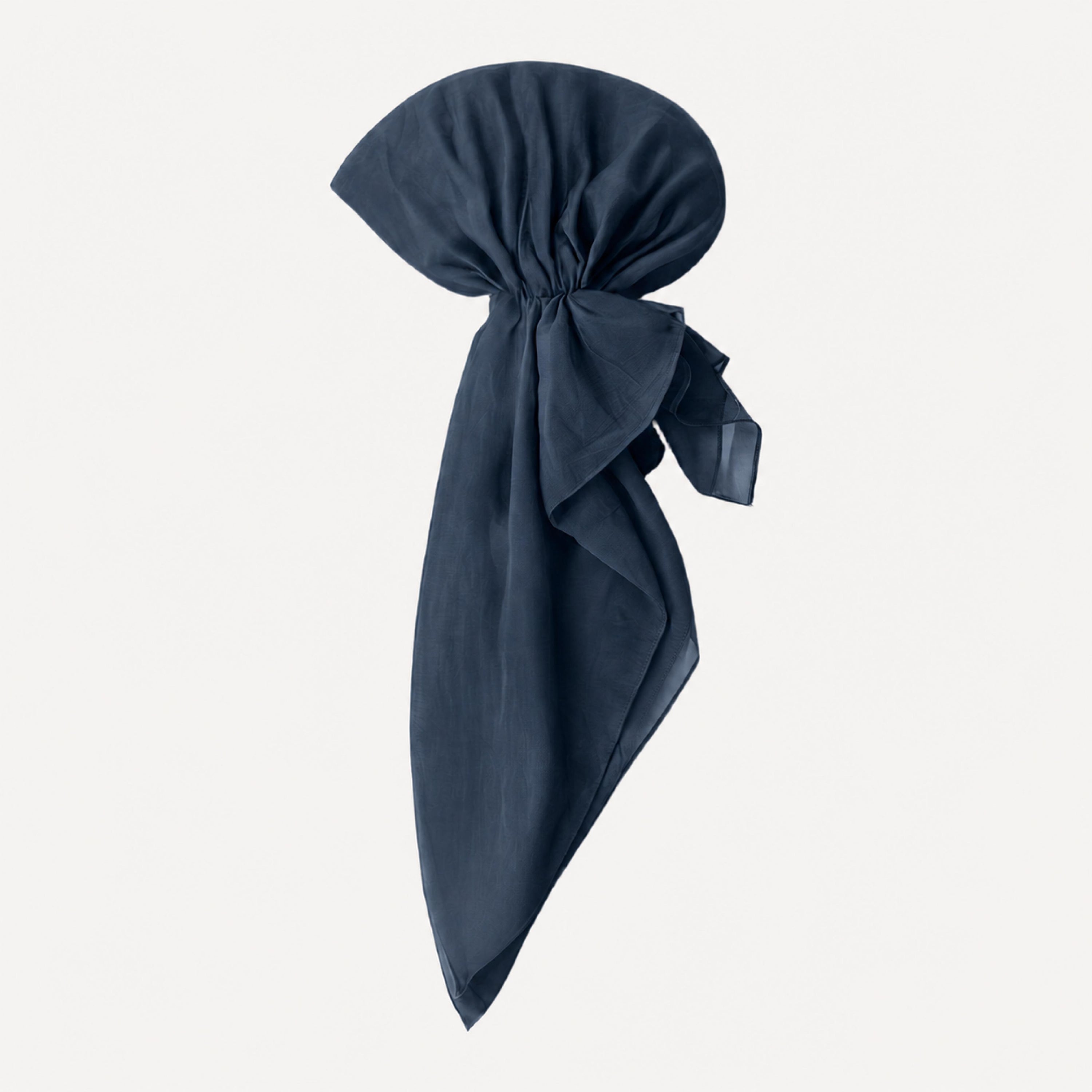 TUK Slate Blue Solid Head Scarf styled in a pre-tied silhouette, showcasing a lightweight drape and elegant finish.