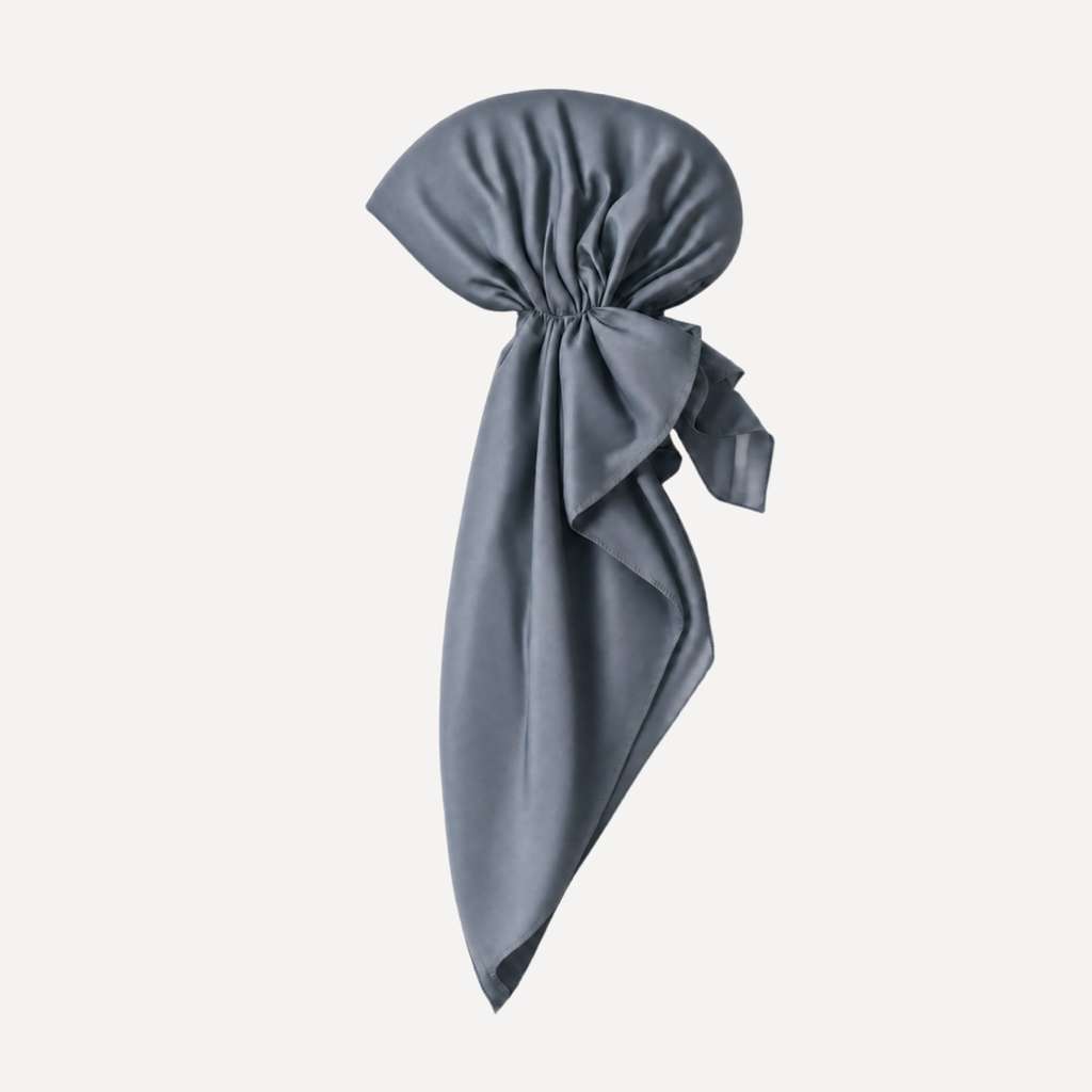 Slate Swim Head Scarf in elegant slate gray satin, featuring a chic gathered tie design for stylish swim and beachwear.