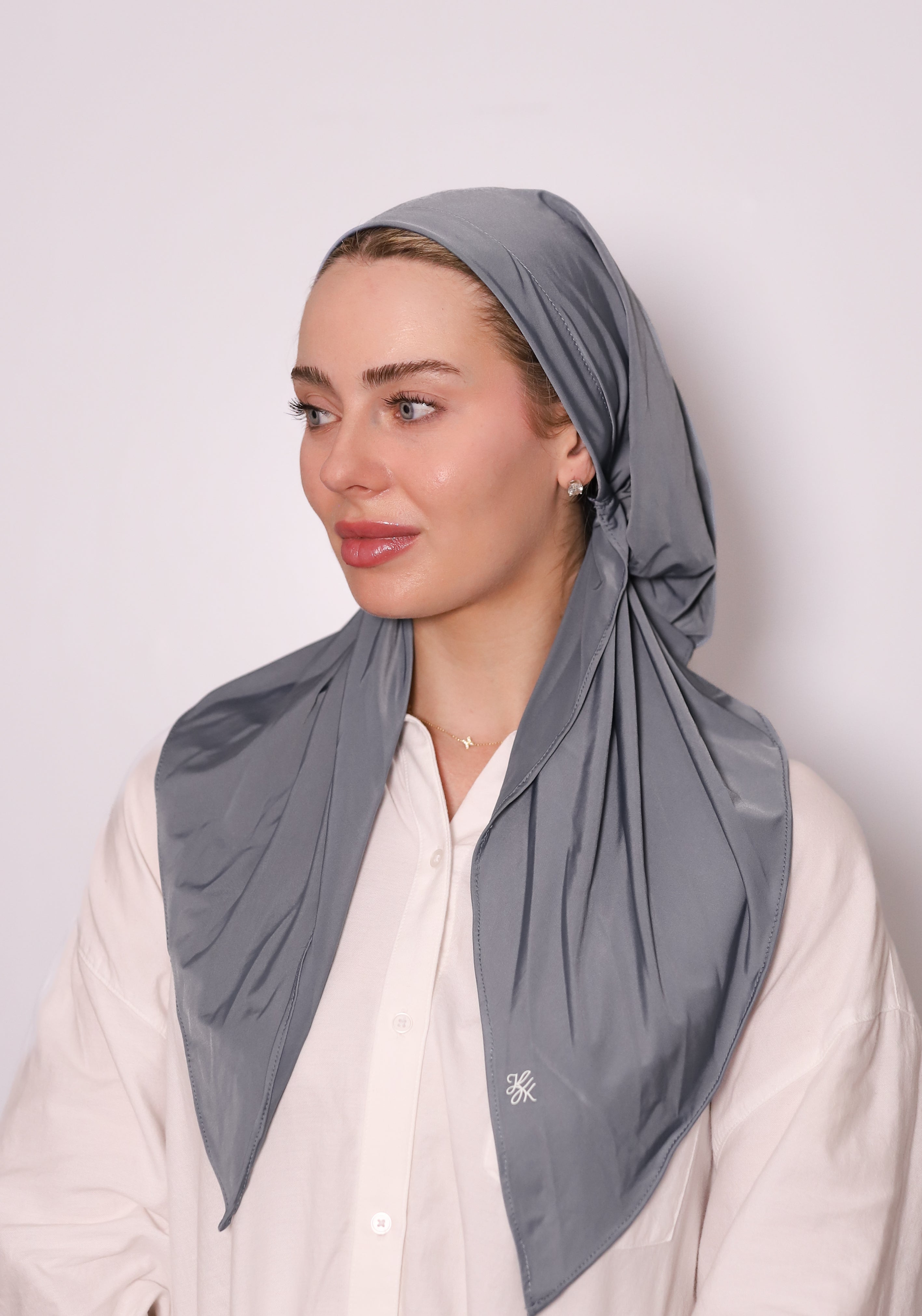 Slate Swim Head Scarf by TUK in elegant slate gray, lightweight modest swim headscarf with secure fit, quick-dry fabric and UV protection.