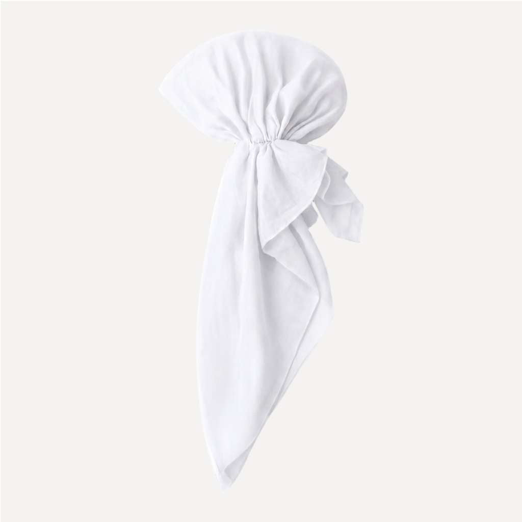 Soft White Solid Head Scarf by TUK, pre-tied white headscarf with gathered crown, draped tail, soft lightweight fabric.