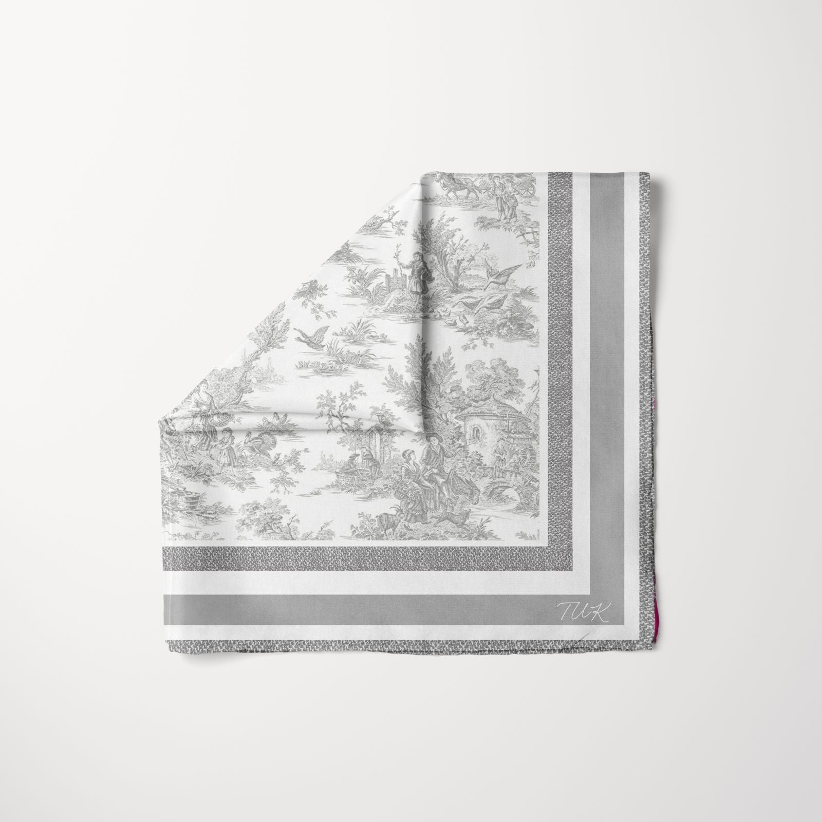 TUK Soft Focus Head Scarf with grey toile-inspired prints and bold borders, blending timeless elegance with versatile modern style.
