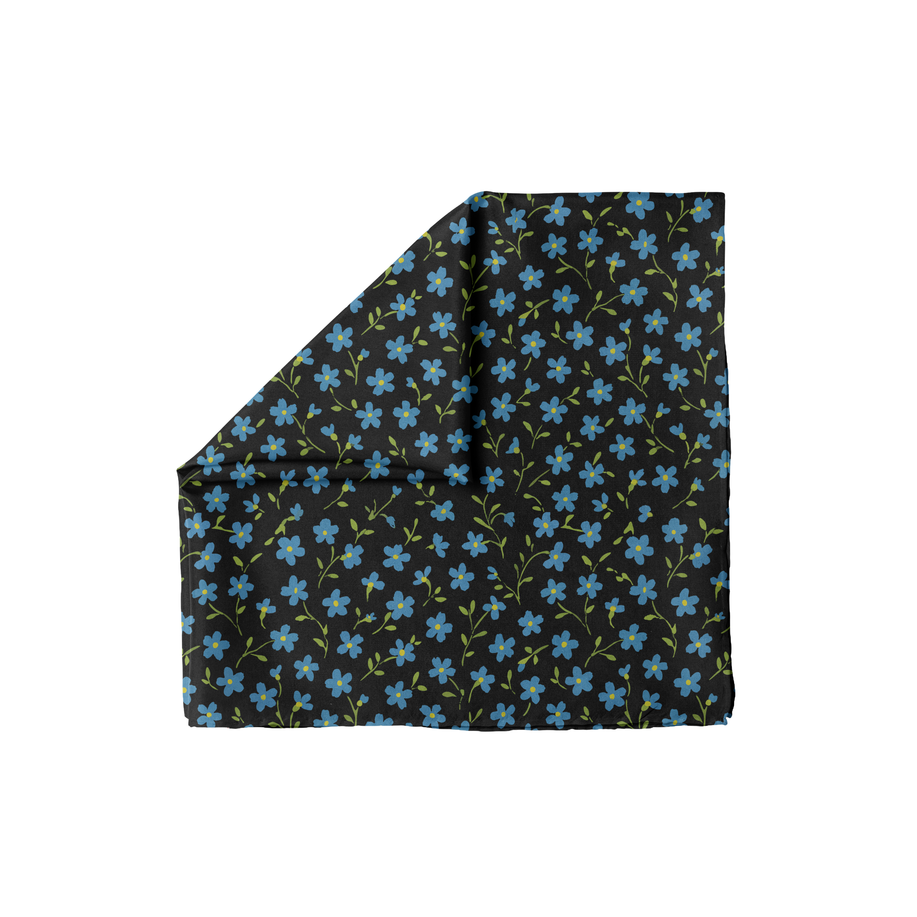 Something Blue head scarf with delicate blue floral pattern on black background, soft lightweight fabric stylish hair accessory.