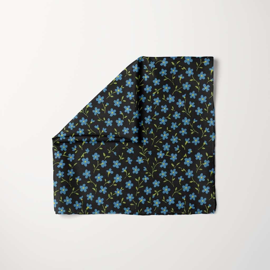 Something Blue head scarf with delicate blue floral pattern on black background, soft lightweight fabric stylish hair accessory.