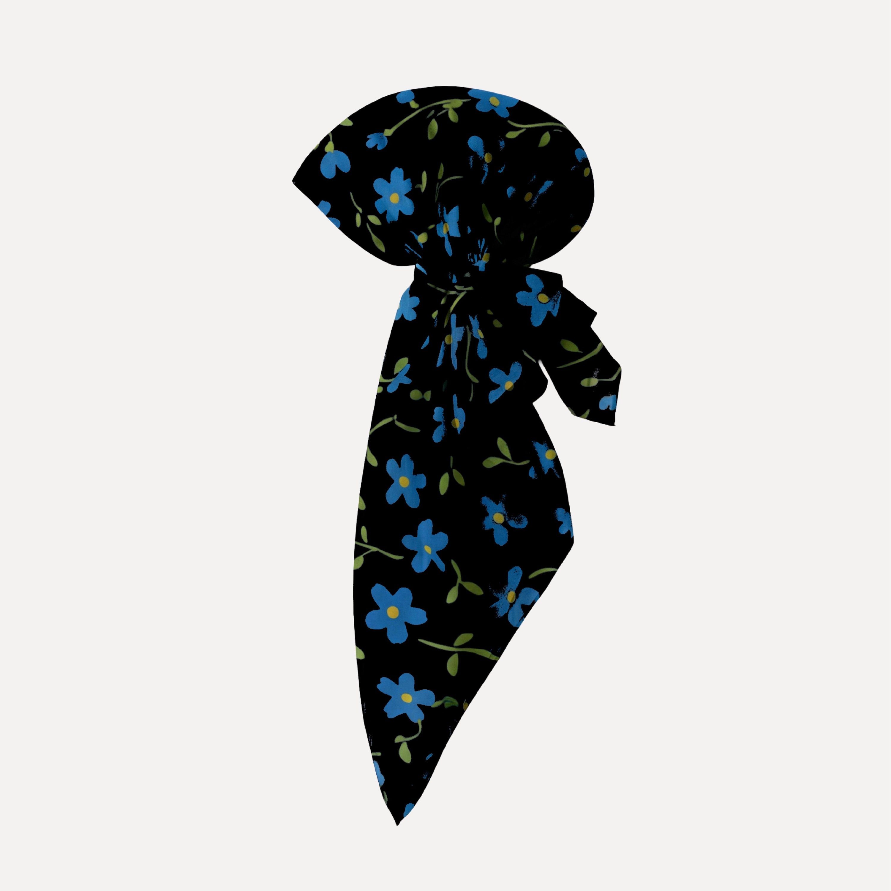 TUK Something Blue Pre Tie headscarf with black fabric and blue floral print, retro style pre-tied head wrap accessory for vintage fashion look.