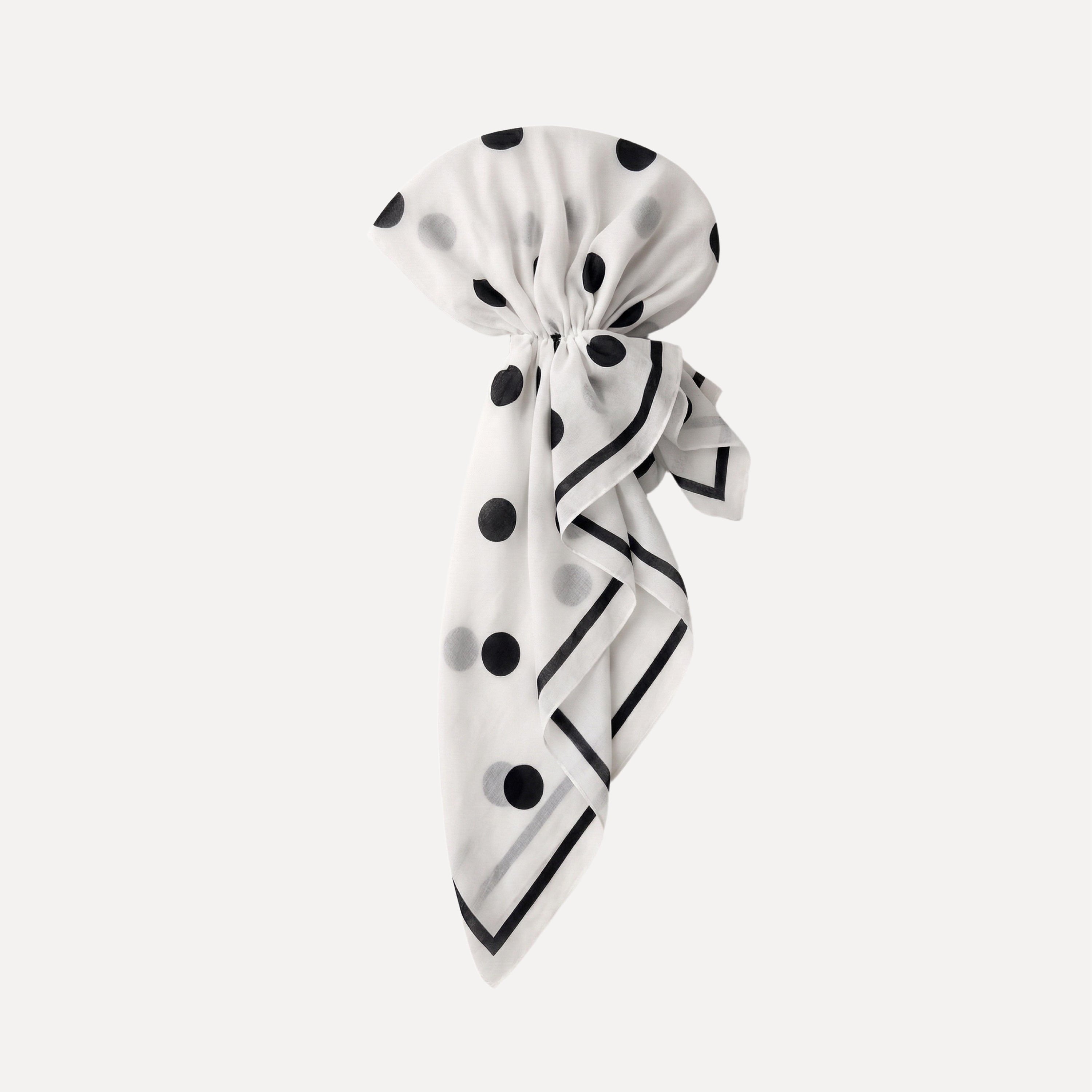 Black and white polka dot pre-tied head scarf with striped border, elegant lightweight fabric, stylish Spot On Head Scarf TUK.