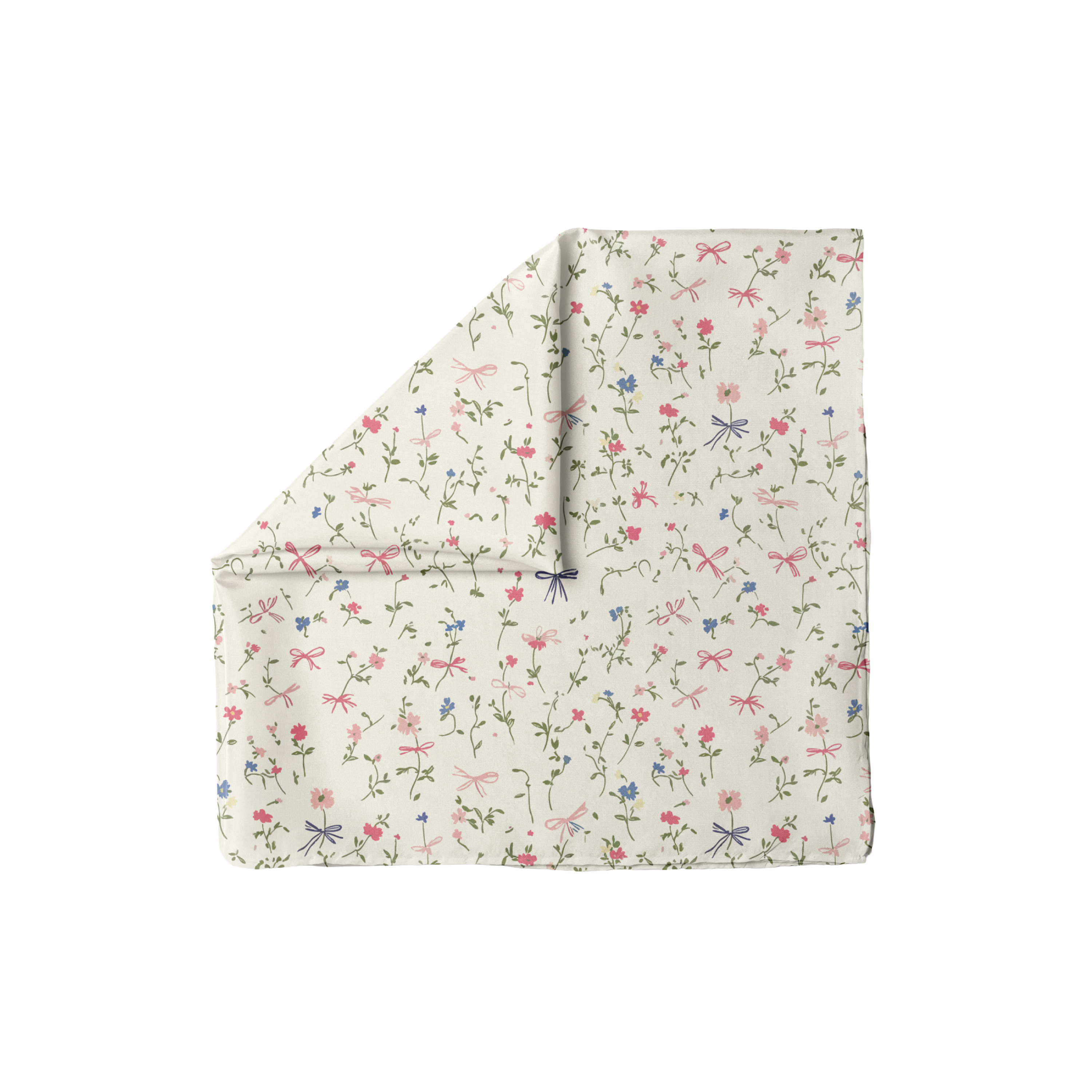 Cream headscarf with pink, blue flowers and bow print, soft spring pattern, lightweight fabric, TUK Spring Thing Head Scarf.