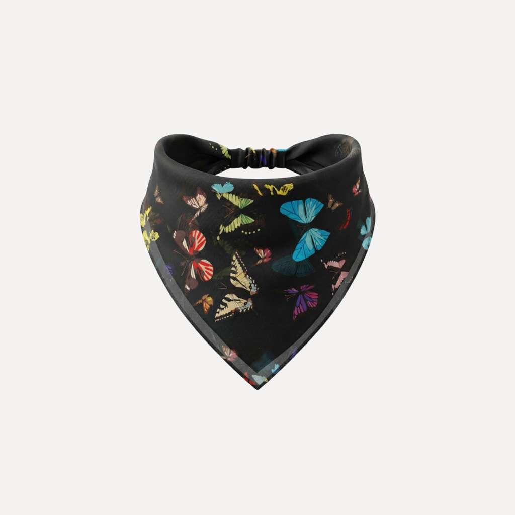 Black headband bandana with vibrant butterfly print, The Night Shift by TUK, stylish edgy hair accessory for women chic style.