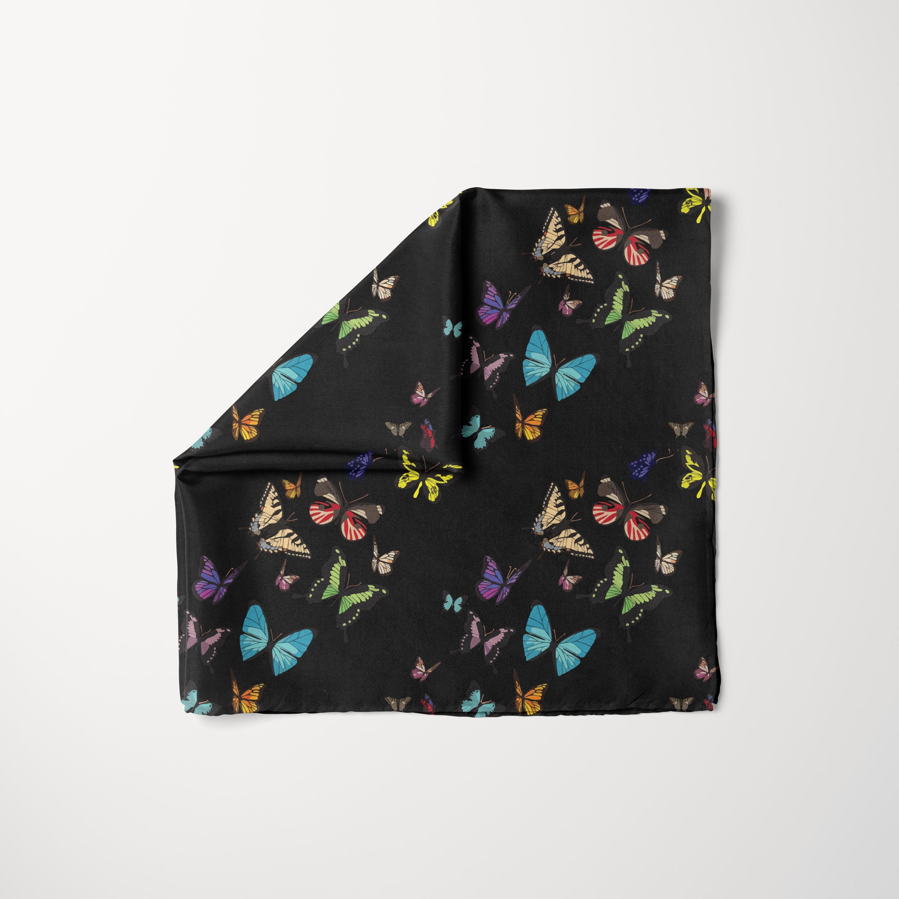 TUK The Night Shift headscarf, black silk scarf with colorful butterfly print, elegant luxury accessory for modern modest fashion.
