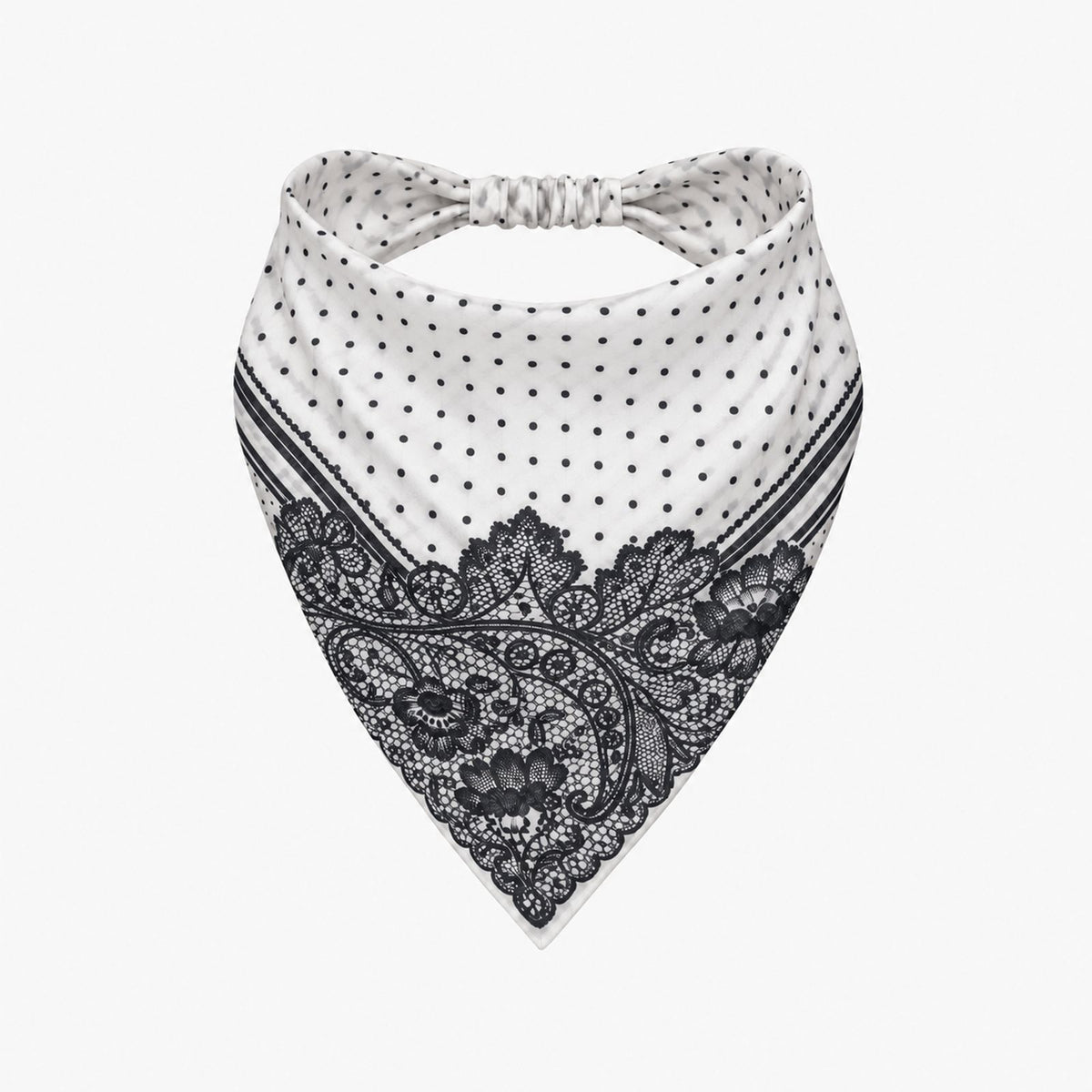 TUK Thread Carefully Headband Bandana in white with black polka dots, intricate floral lace print, and elegant striped borders.