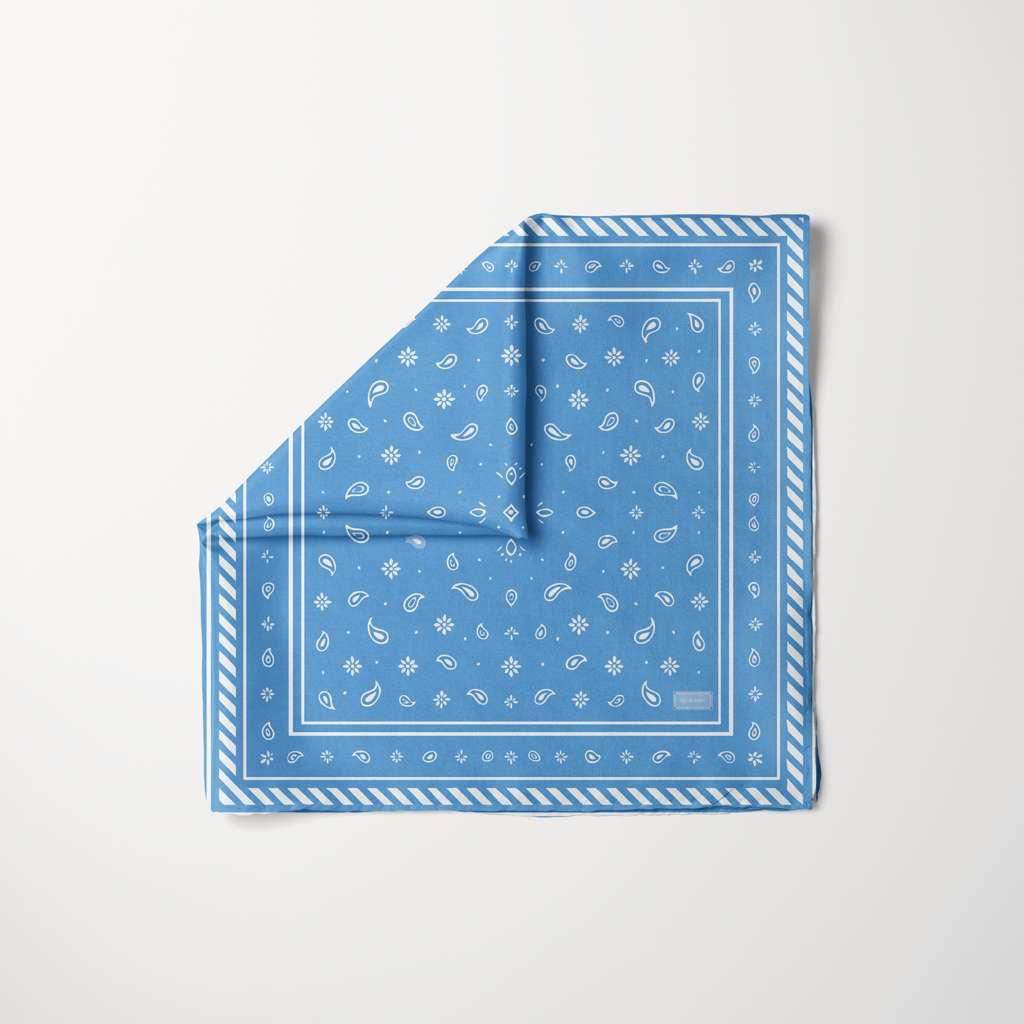 Light blue paisley print headscarf with white border, Tied & True Head Scarf by TUK, soft cotton square bandana style.