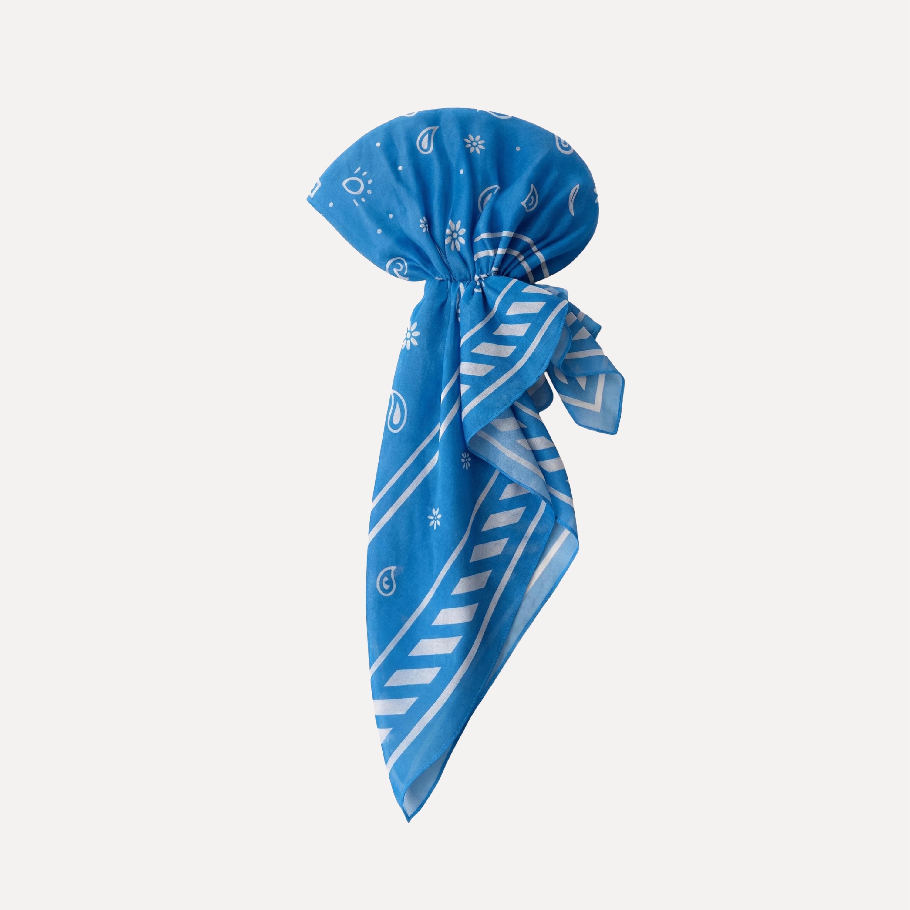 Blue paisley pre-tied headscarf by TUK, Tied & True Head Scarf, soft cotton bandana style with adjustable tie, chic hair accessory.