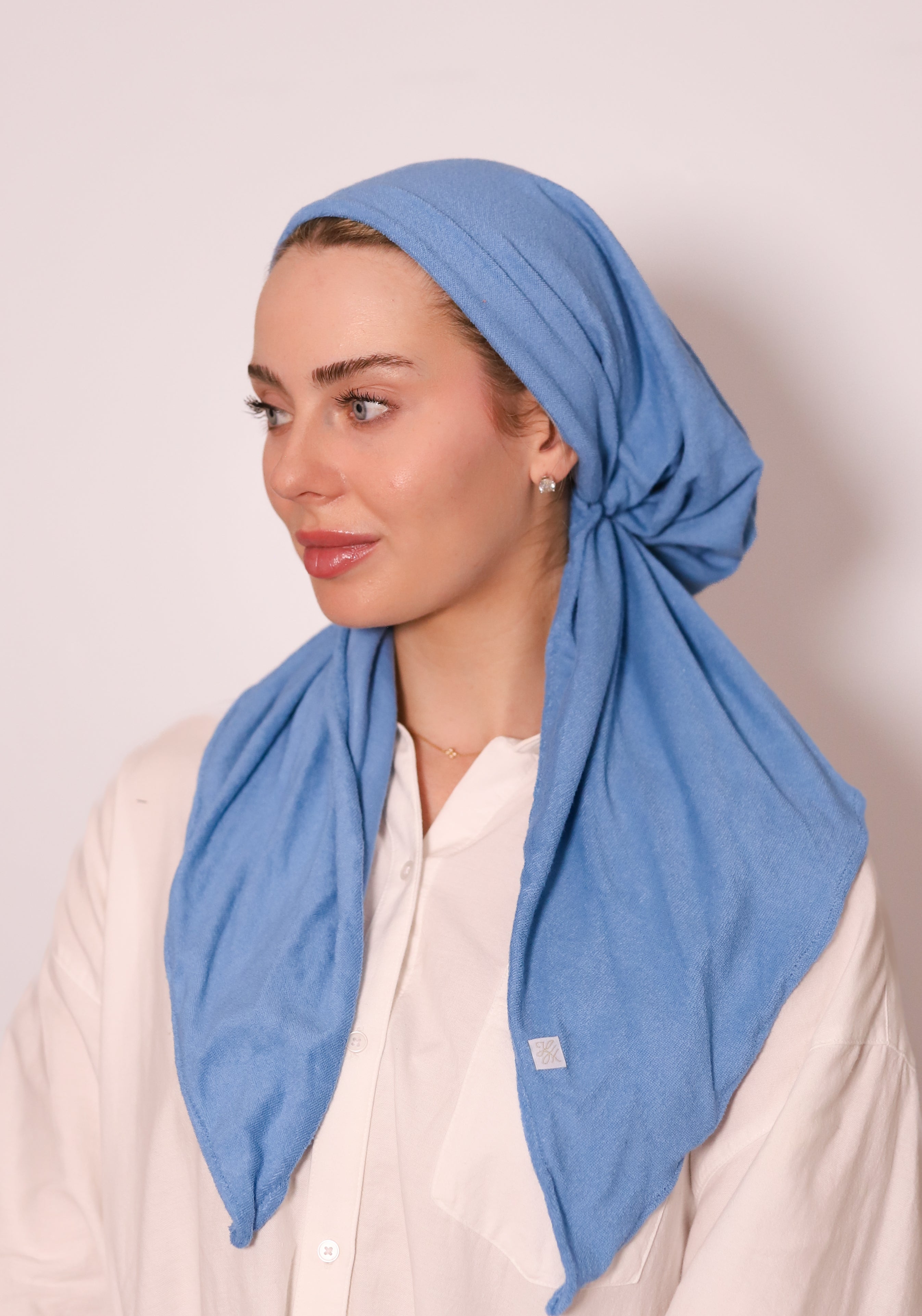 Washed Denim Terry Head Scarf by TUK in soft blue terry fabric, lightweight modest head covering with comfortable full coverage fit.