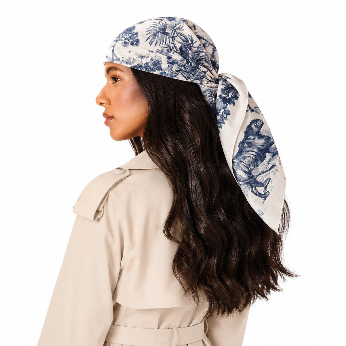 Model wearing TUK Wild Toile Head Scarf in navy and ivory, featuring botanical foliage, birds and tiger motifs, tied at back.