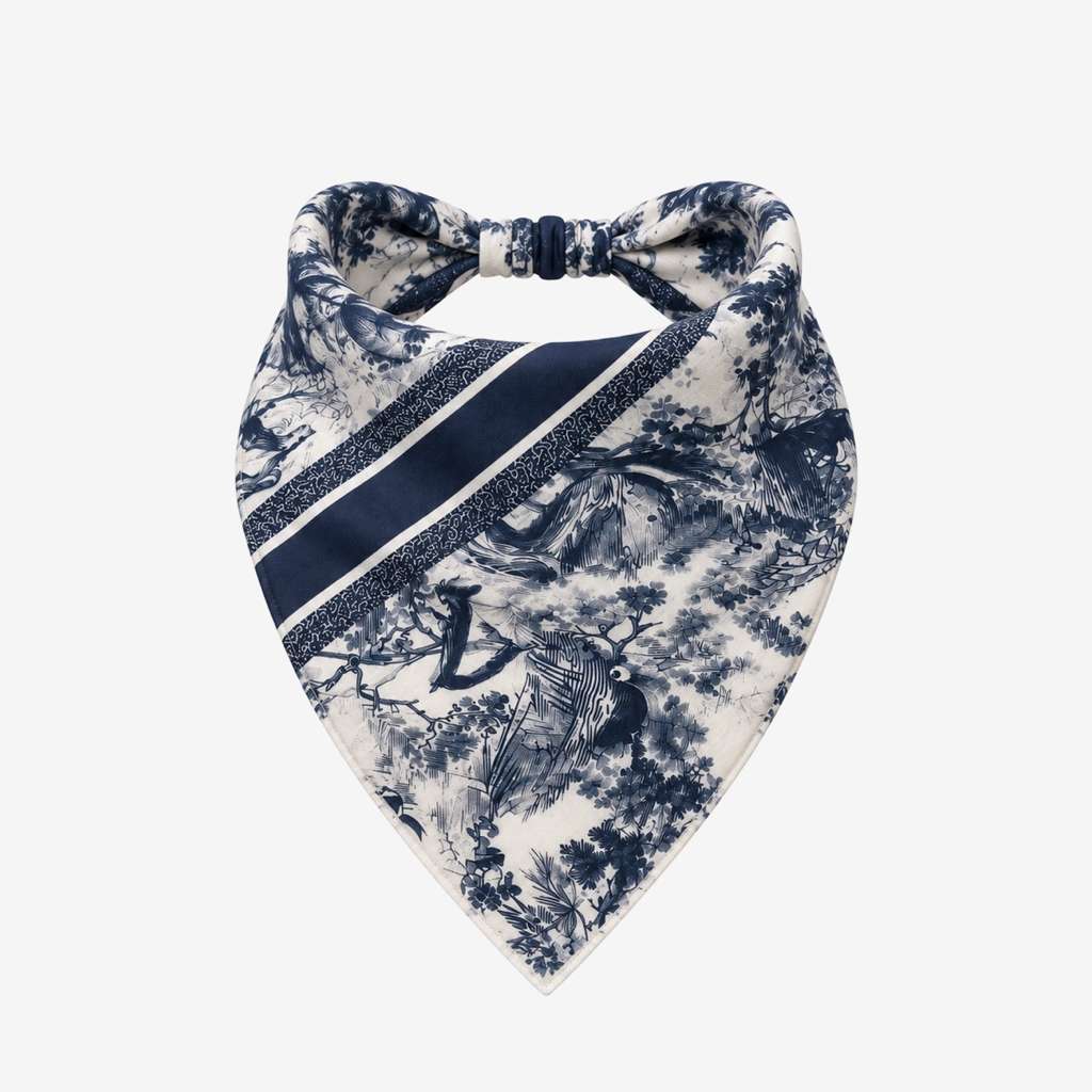 TUK Wild Toile Headband Bandana in navy and cream with intricate pastoral toile print, diagonal stripes and adjustable back.